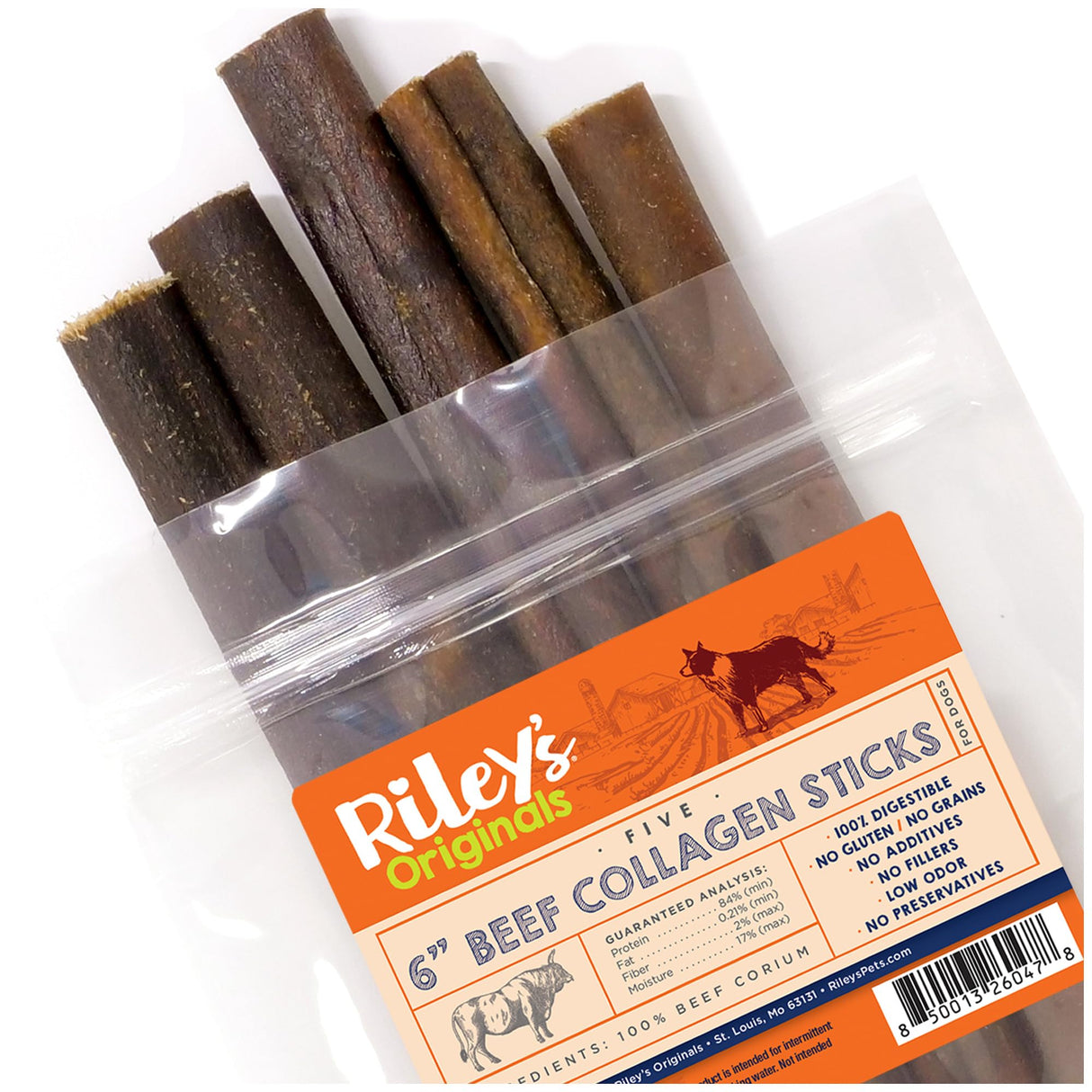 Riley's 6 Inch Beef Collagen Sticks for Dogs, Collagen Chews for Dogs, Bully Stick & Rawhide Alternative, Long Lasting, No Raw Hide Chews, Single Ingredient Dog Treat - 5 ct