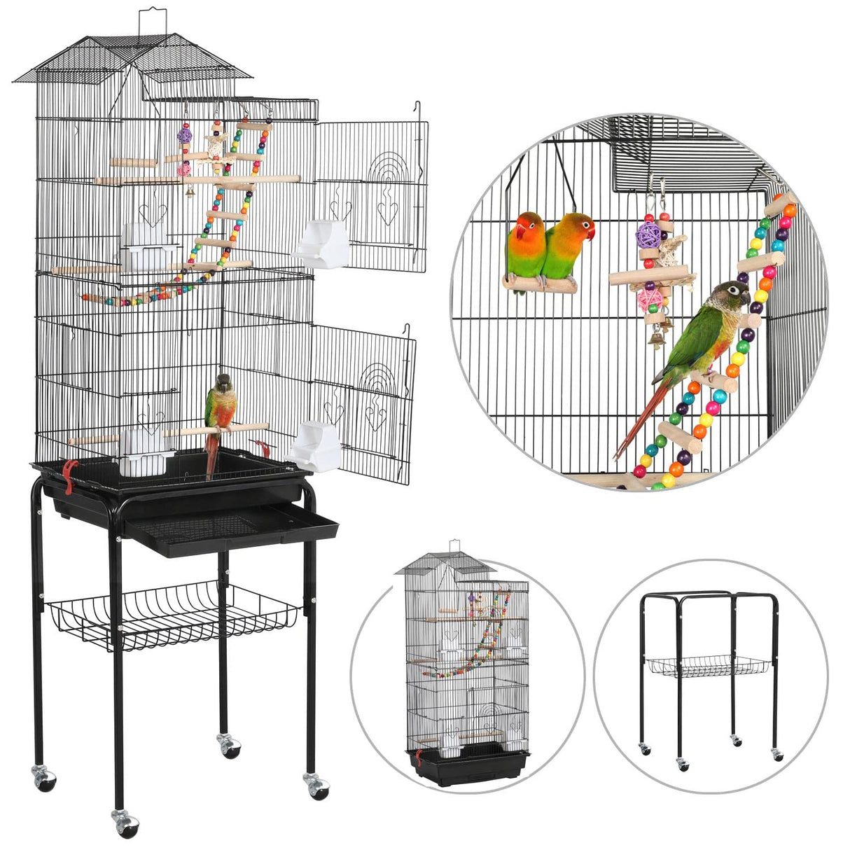 Yaheetech Bird Cage 64'' Medium Small Parrot Parakeet Bird Cages with Detachable Rolling Stand for Parrot Lovebirds Finches Parakeets Budgie Parrotlet Conures, Pet Flight Birdcage
