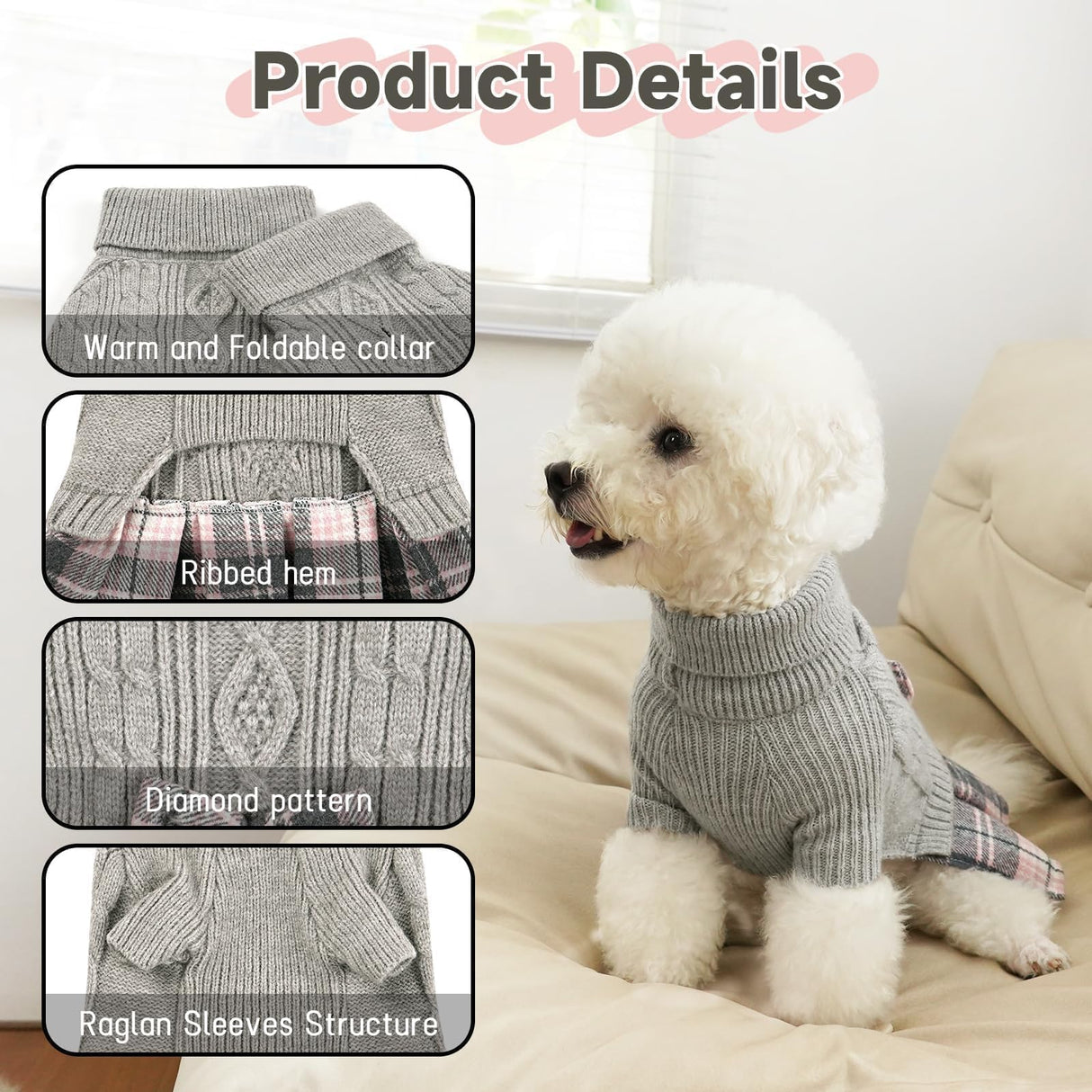 YUDODO Dog Sweater Dress for Dogs Girl with Bowtie Turtleneck Knitted Pet Dress Dog Winter Clothes Warm Sweaters for Puppy Yorkies Chihuahua Grey L