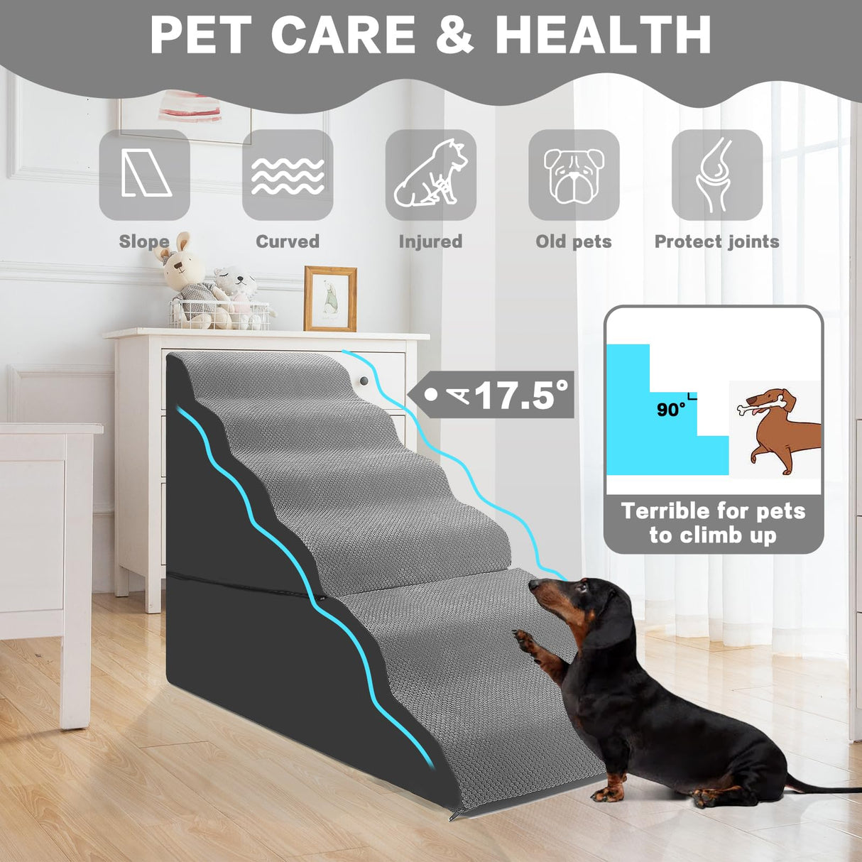 MALOROY Dog Stairs for High Beds 30-36 inches Tall, 6-Step Dog Steps for Bed 32-36 inches for Small Large Dogs, Doggie Ramp for Bed, 30D Foam Pet Stairs for Old Dogs/Cats, Free-Installation, Grey