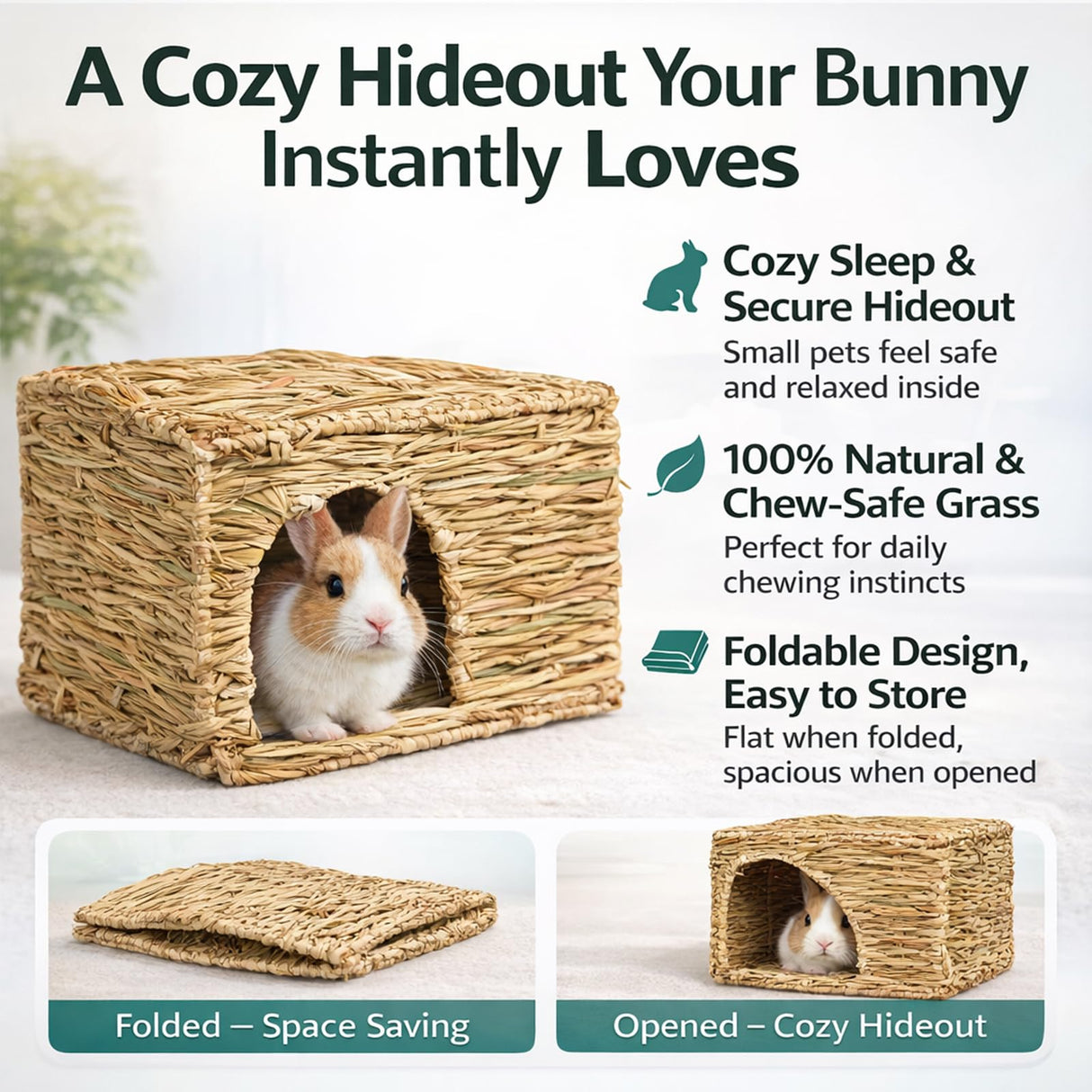 HERCOCCI Extra Large Grass House for Rabbit, Foldable & Comfortable - Small Animal Hut Play Hideaway Bed Hay Mat Chew Toy for Bunny Guinea Pig Hamster Chinchilla (2 Pack)