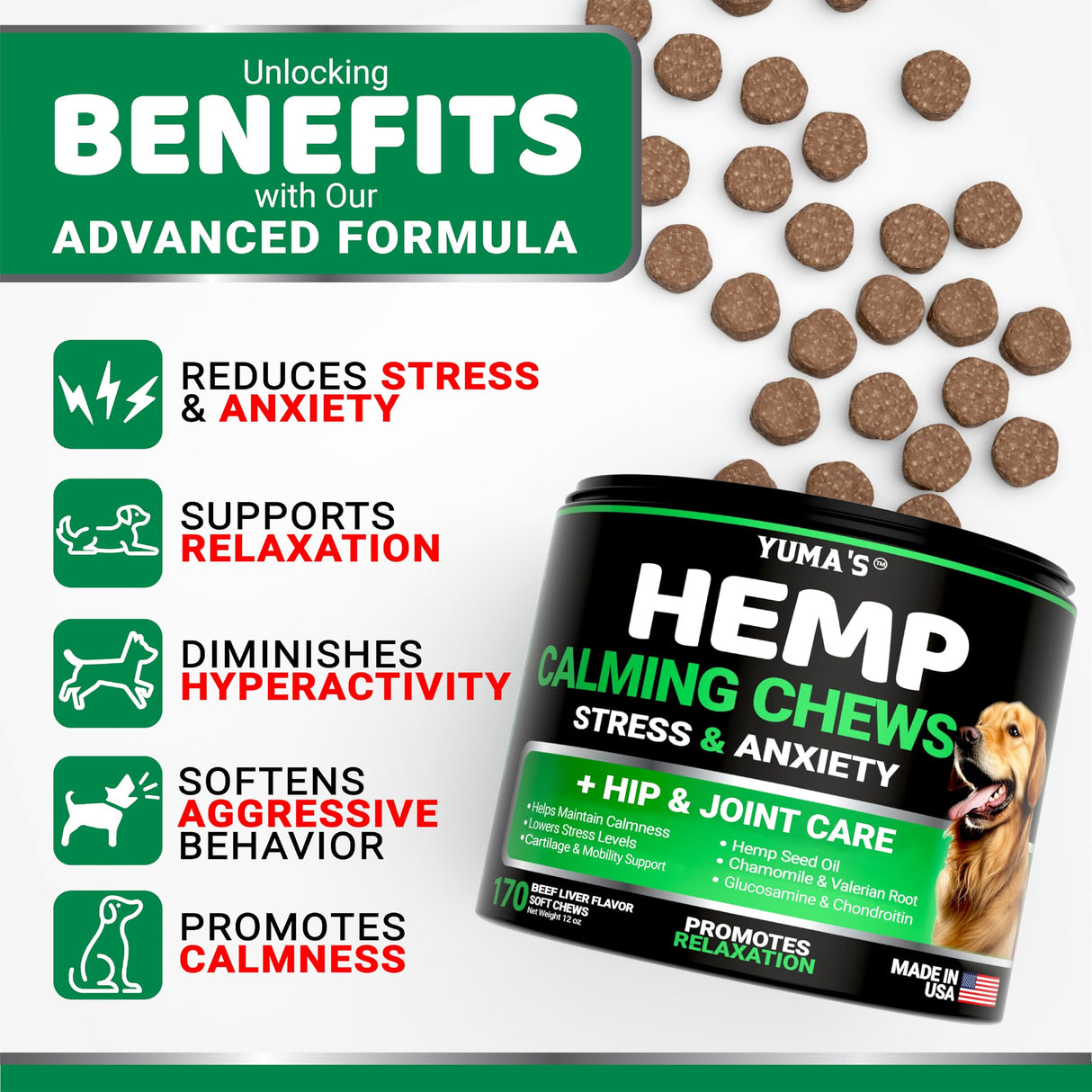 Hemp Calming Chews for Dogs - Advanced Dog Calming Chews - 170 Treats - Anxiety Relief Treats - Hemp Oil - Separation Aid, Stress, Hip and Joint Supplement for Canine Health Support - Beef Flavor