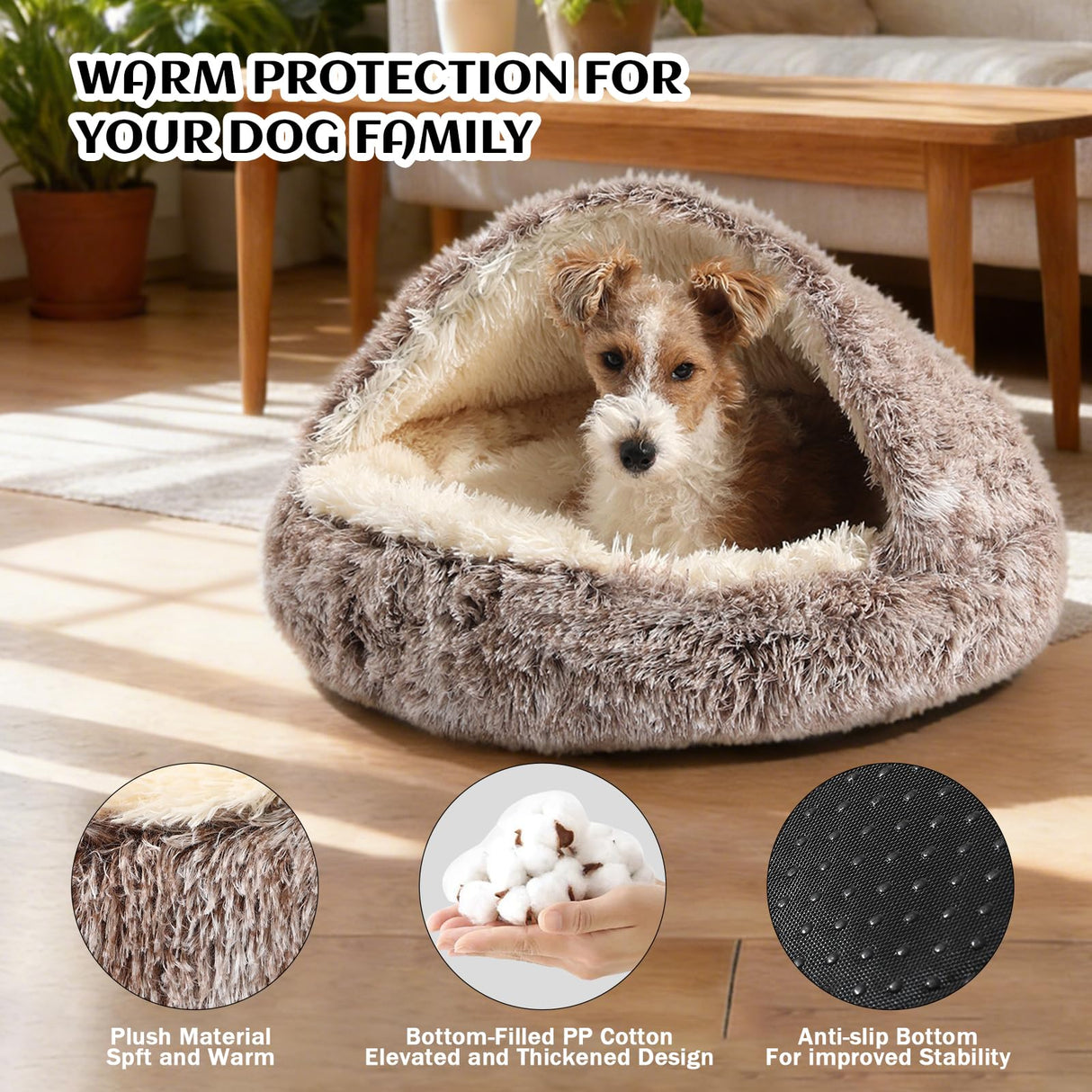 NOYAL Round Hooded Donut Dog Bed for Small & Medium Pets - Plush Fluffy Anti-Anxiety Cat Cave Bed with Cover