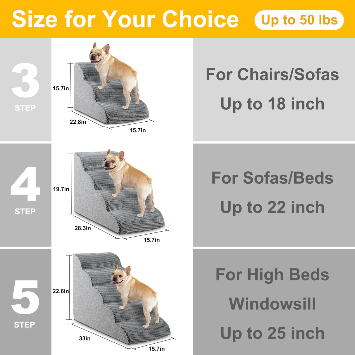 Dog Stairs, 15.7” H – 3-Step Foam Ramp for Small Dogs & Cats, Waterproof Washable Cover, Non-Slip Base, Lightweight Pet Ladder for Couch or Bed (Grey)