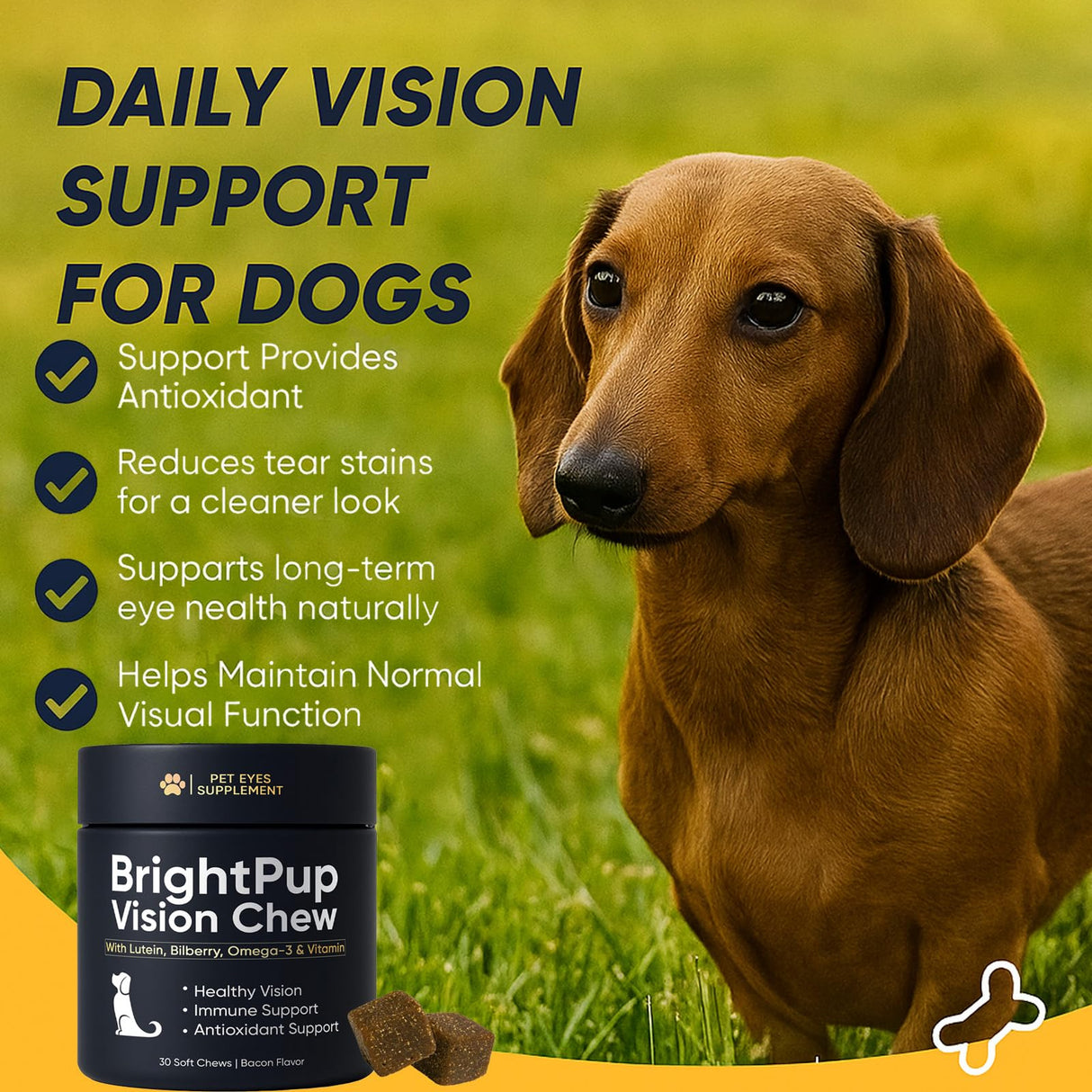 BrightPup Dog Vision Chews, Dog Vision Supplement with Lutein, Vitamin A/C/E, Bilberry & Omega-3, Supports Eyes Health & Visions Clarity, Bacon Flavor Eye Supplements for Dogs, 30 Soft Chews (1)