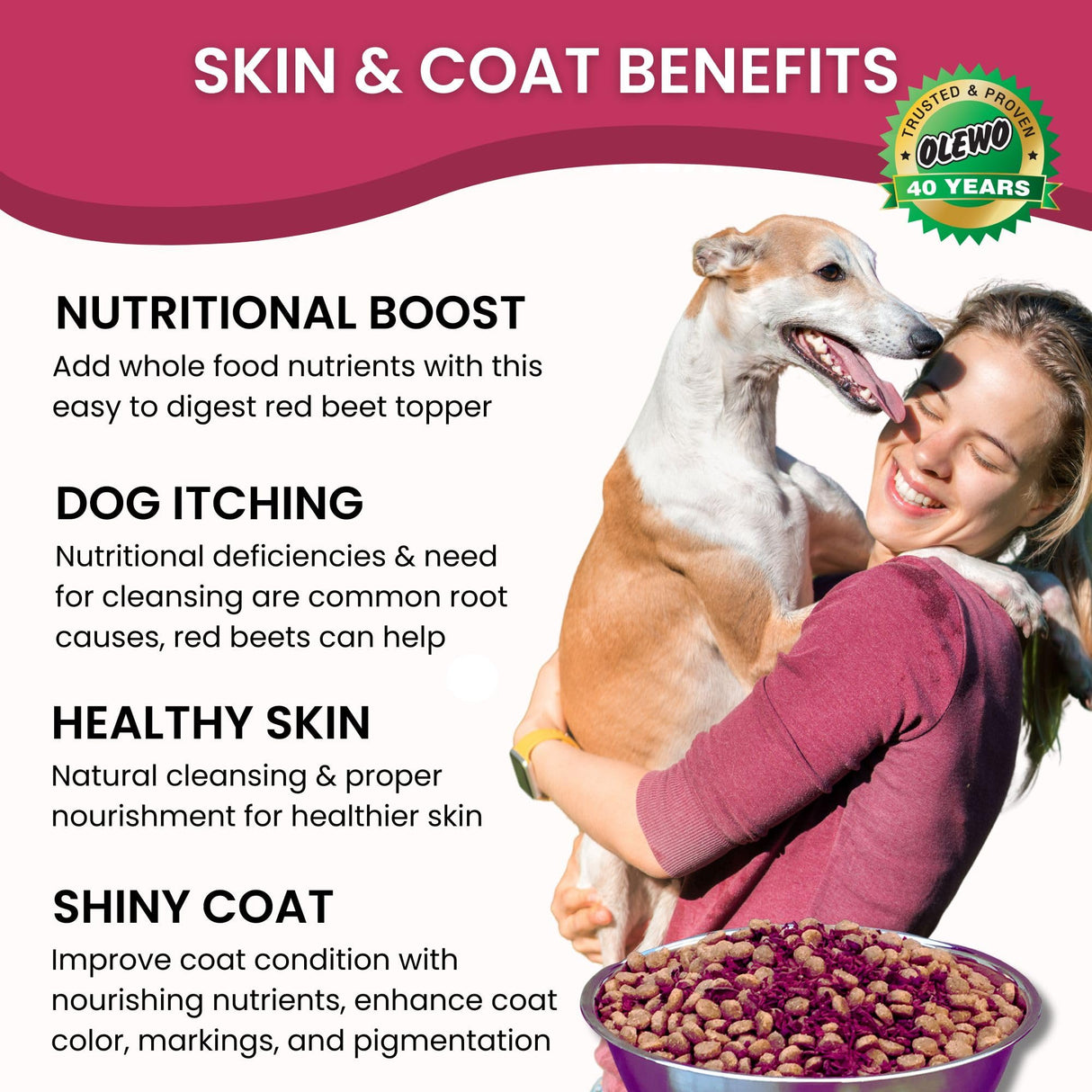 Olewo Original Red Beets Dog Food Topper – Natural Anti Itch, Immune, Cleansing, Skin & Coat Support, Dehydrated Whole Food Multivitamin, Fiber for Dogs, 1 lb