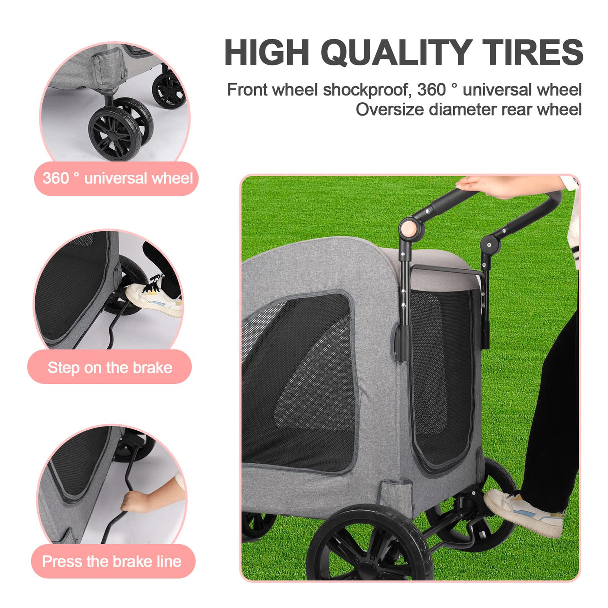 Dog Stroller for Extra Large Dogs, 4 Wheels Dog Cat Stroller, Foldable Pet Bike Trailer, Folding Carrier with Adjustable Handle, Sunroof, Rear Brake, Security Leash (Dark Grey)