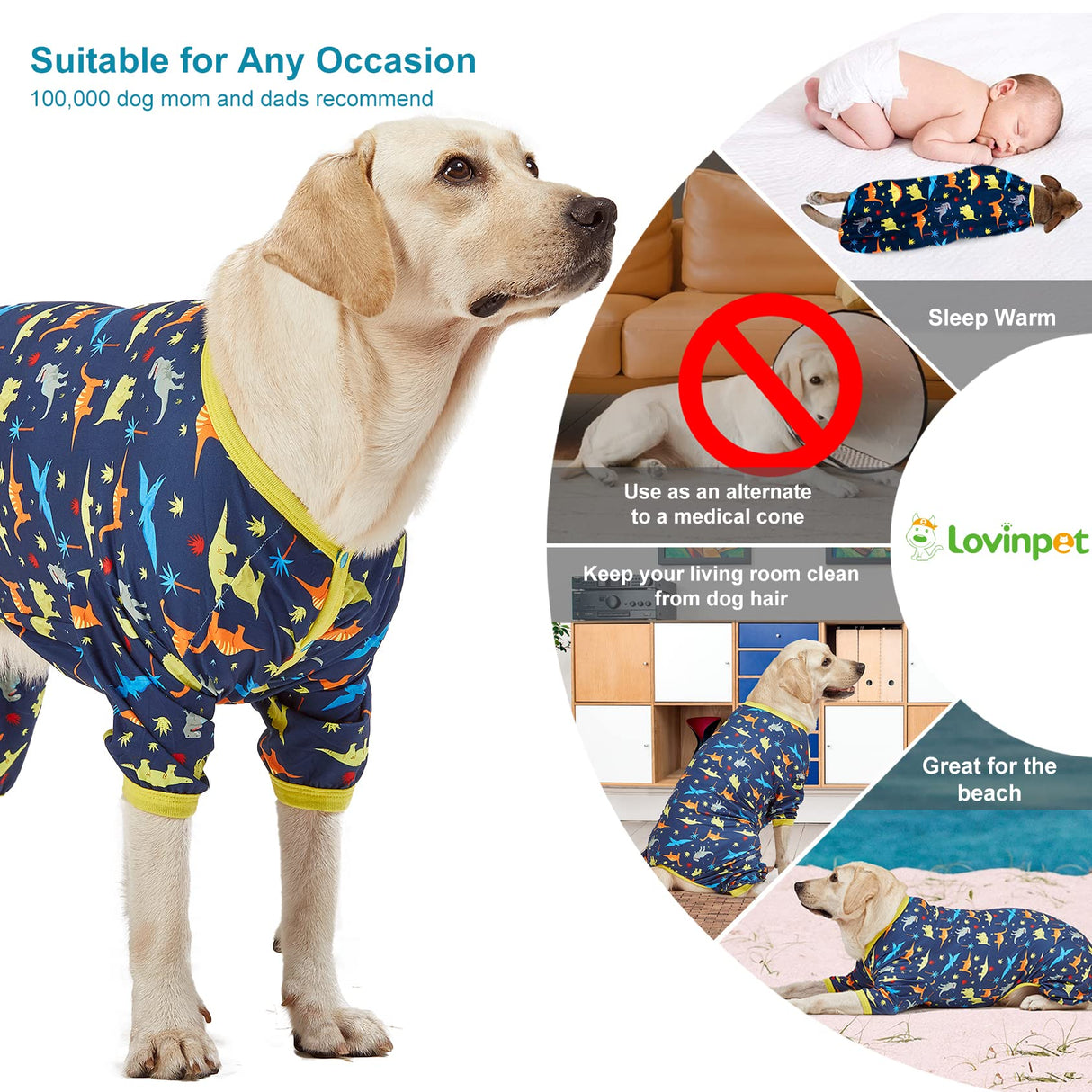 LovinPet Big Dog Pajamas for Large Dogs/Prehistoric Adventure Dinosaur Navy Print/Lightweight Stretchy Knit Pullover Dog Clothes/Large Dog Onesie, Pet Pajamas for Dogs, Pet PJ's/XXL