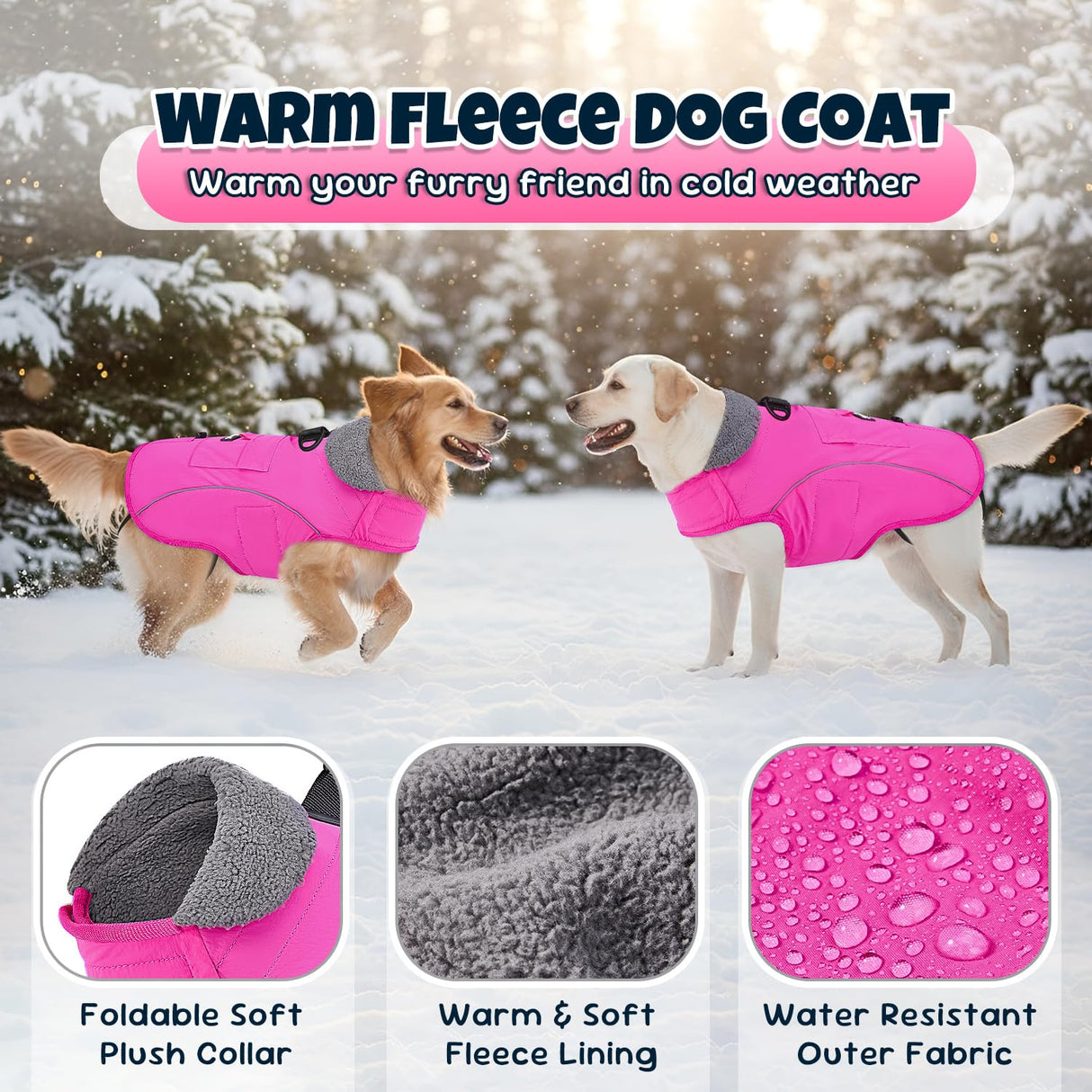 SlowTon Dog Winter Coat - Waterproof Fleece-Lined Dog Snow Jacket, Windproof Cold Weather Clothes with Reflective Stripes, Leash D-Ring & Storage Pocket for Medium Large Dogs (Pink, L)