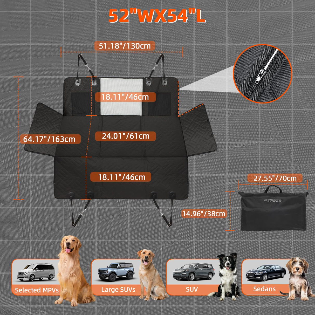 MIROZO Dog Car Seat Cover for Back Seat,Back Seat Extender for Dogs,600D Heavy Dog Seat Cover,Pet Seat Protector,Large Space Travel Bed for Dog with 3-Fold Bottom for Car Mid-Size SUV/Small Truck