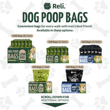 Load image into Gallery viewer, Reli. Biodegradable Dog Poop Bags w/Holder (1200 Count - 80 Rolls Bulk) | Leash Clip Dispenser | 9x13" Large Dog Bags for Poop | Green Eco-Friendly Oxobiodegradable Waste Disposal Refills (Unscented)