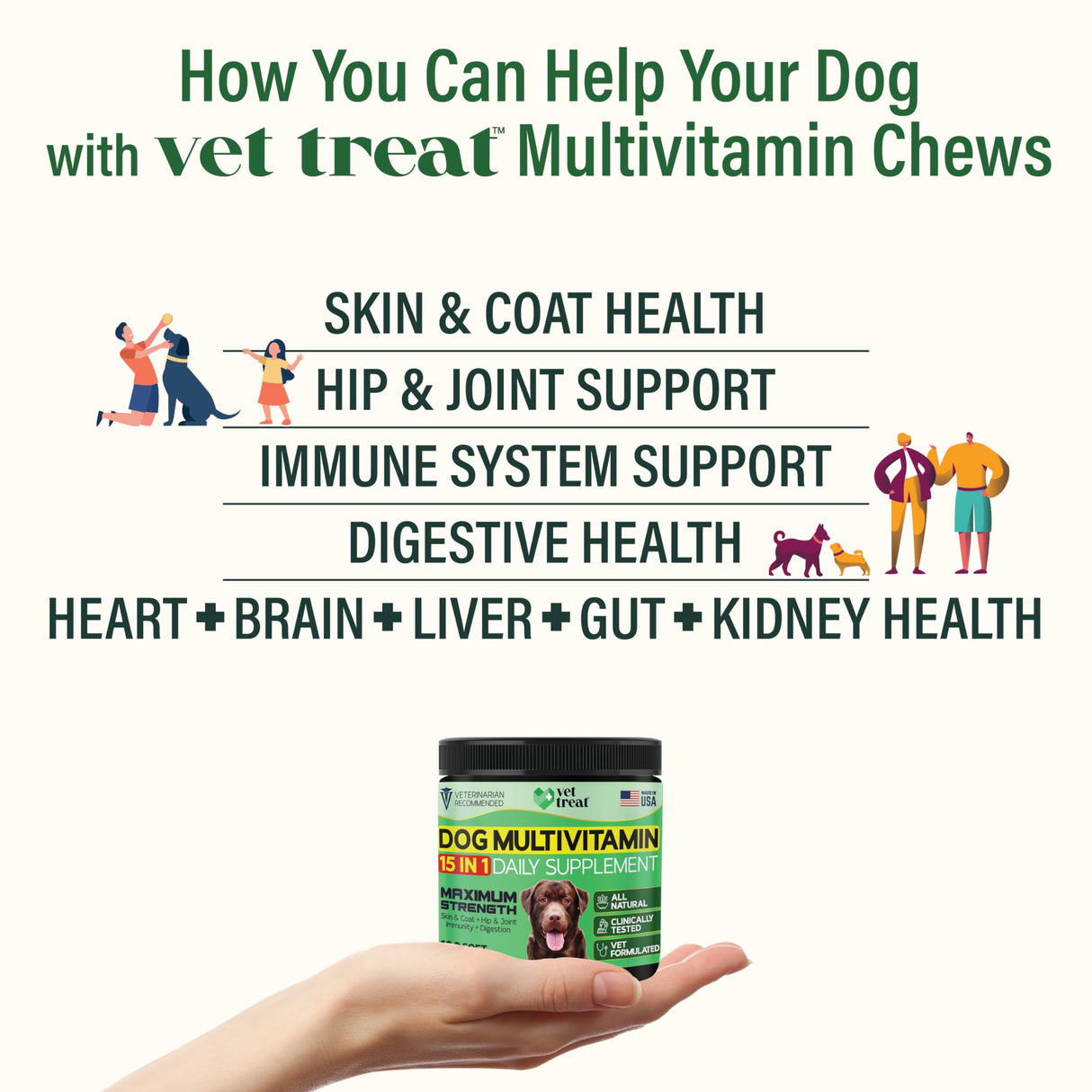 VET TREAT Dog Multivitamin Chewable with Glucosamine & Salmon Oil – Made USA – Puppy & Senior Supplement – 120 Chews– Daily Wellness Support for Joints, Immune System, Skin & Coat, Heart & Digestion