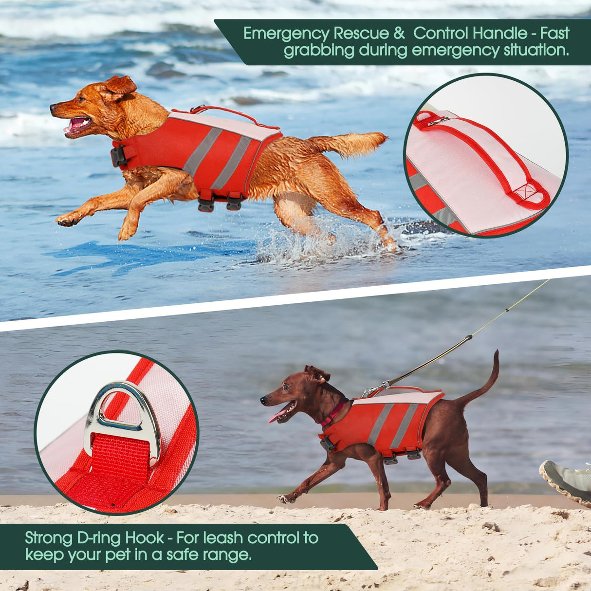 Kuoser Dog Life Jacket, High Flotation Dog Life Vest for Swimming & Boating, Adjustable Dogs Swim Vest with Rescue Handle, XS-XXL Reflective High Visibility Lifejacket for Small Medium Large Dogs