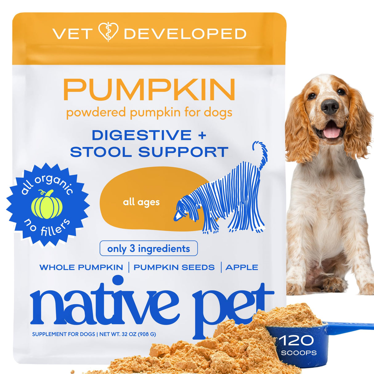 Native Pet Pumpkin for Dogs - Organic Powder Pumpkin Puree Dog Food Toppers-Rich in Fiber Supplement Powder Helps with Digestion, Nutrient Absorption, Diarrhea, Constipation & Upset Stomach-120 Scoops