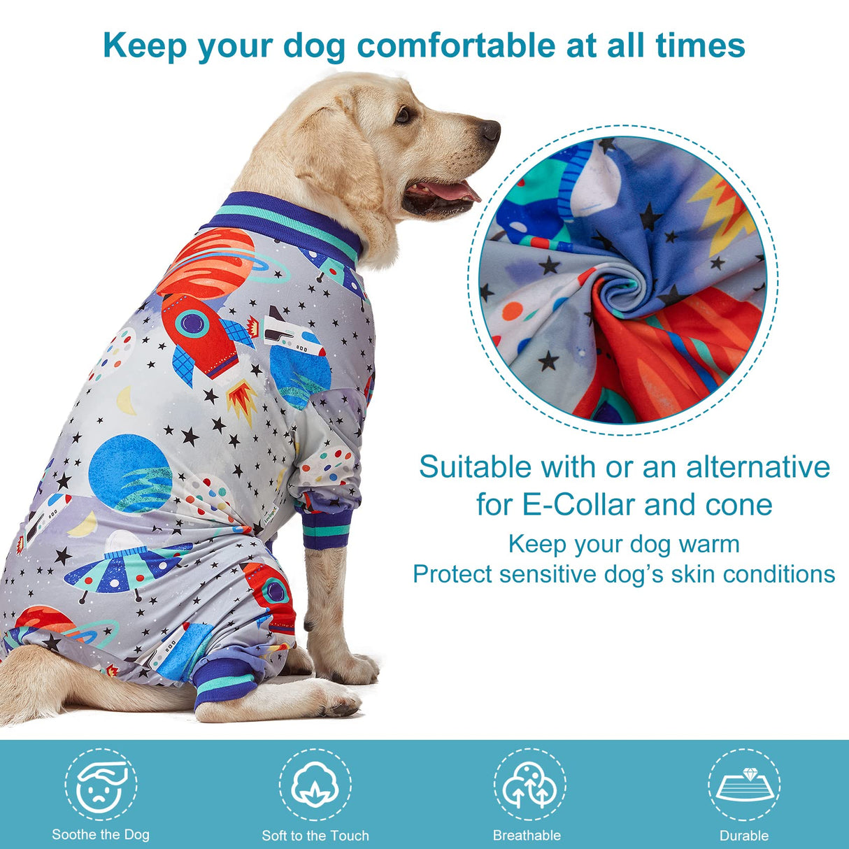 LovinPet Dog Pjs, Wound Care, Surgery Recovery Clothes, Large Pitbull Pajamas, Lightweight Stretchy Jersey Knit, Galaxy World Gray Print, Big Dog Jammies,UV Protection, Pitbull Pajamas, Pet PJ's, 2XL