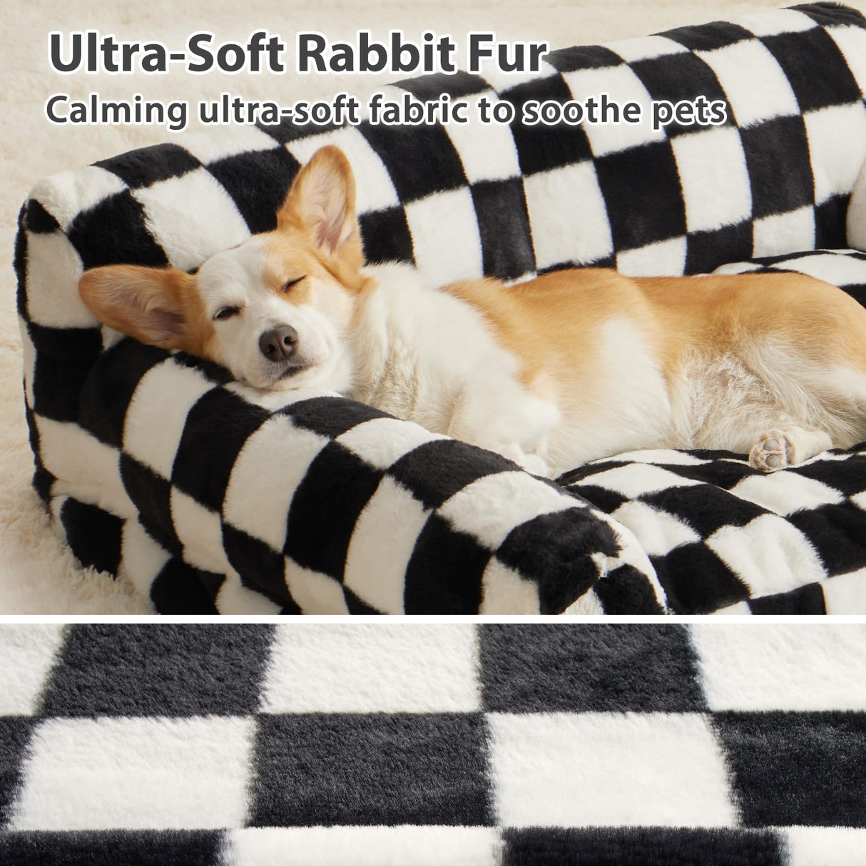 BFPETHOME Dog Couch Bed, Cute Pet Sofa with Non-Slip Bottom, Checkered Dog Bed with Washable Cover, XL Pet Couch (Black&White)