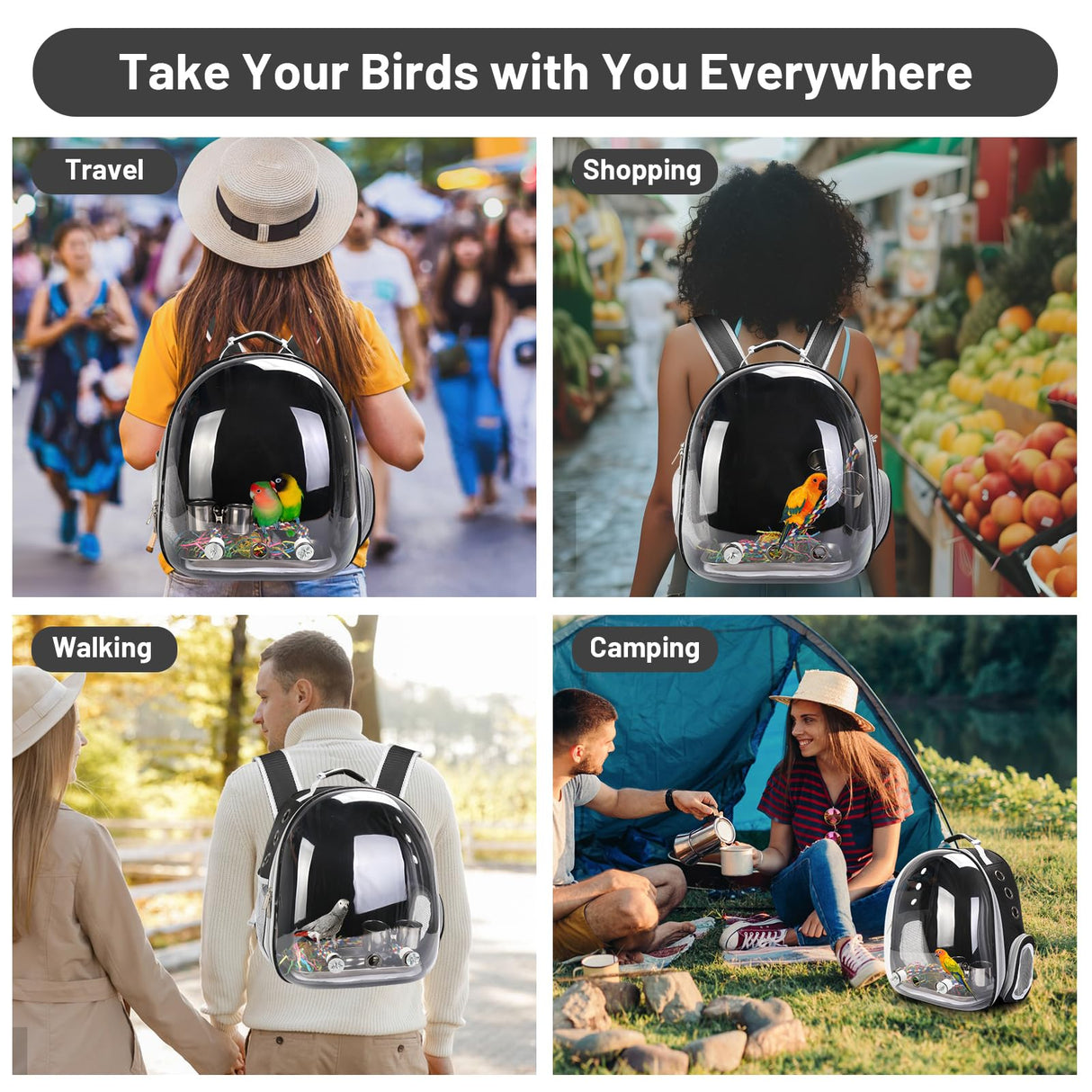 Bird Backpack Carrier, Travel Bird Cage for Small Medium Size Parrot Parakeet Budgies Cockatiel, Portable Clear Bubble Window Bag with Stainless Steel Tray Food Bolw Standing Perch (Black)