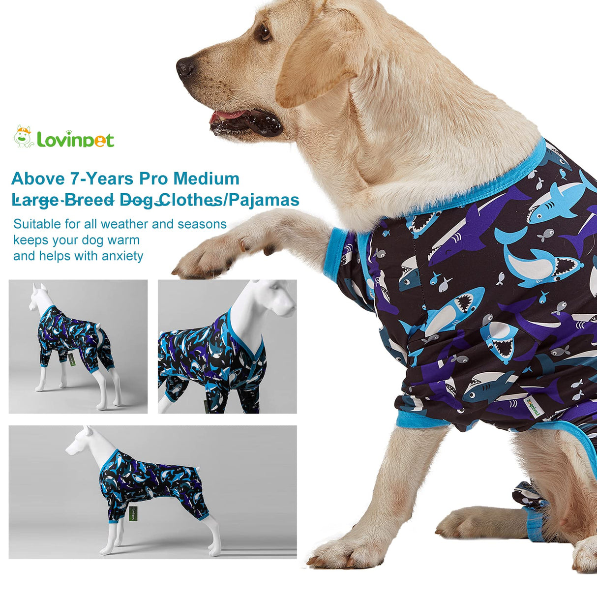 LovinPet Dog Onesies - Pet Anxiety Relief, Anti-Shedding Dog Pajamas, Lightweight Stretchy Fabric, Whale Hello There White Print, Large Dog Pjs, Pitbull Clothes All Season/Large