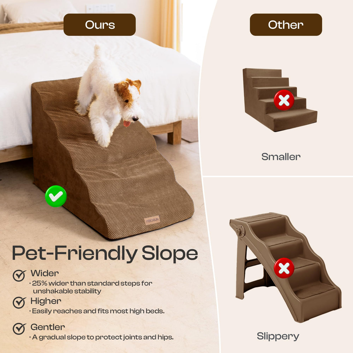Miorun Extra Wide Dog Stairs for Large Dogs Up to 80lbs, 25" Pet Steps for High Bed with Washable Cover, 5-Step Foam Bed & Couch Ladder for Small Medium Dogs & Senior Cat, Coffee