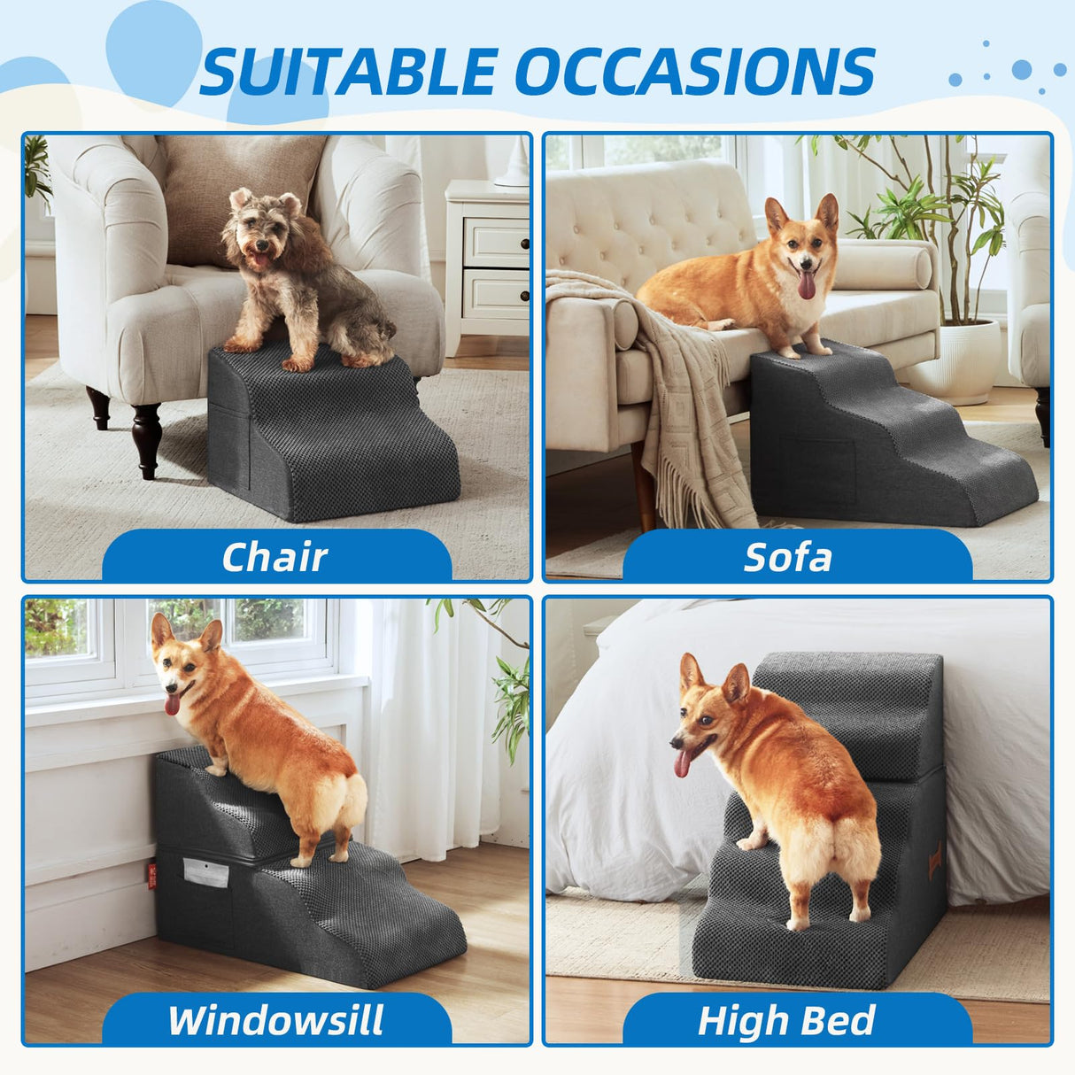 Dog Stairs 3-Step for Small Dogs and Cats to Get on Bed and Furniture/Windows, Pets Can Climb, Sit, or Perch to Look Out Windows, Extra Wide Dog Steps, Non-Slip Waterproof Fabric Cover, Grey(15.7" H)
