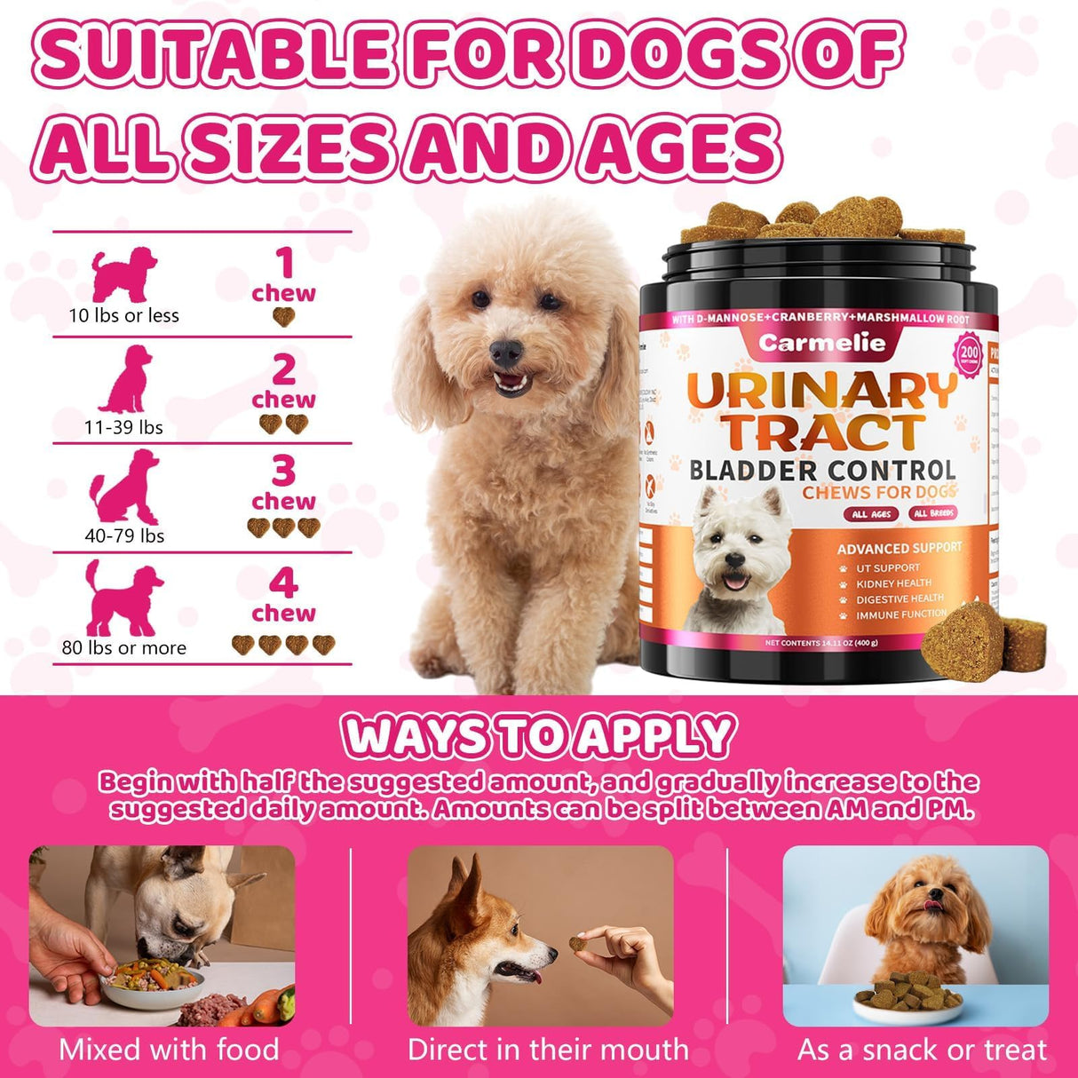 Dog Urinary Tract Supplement, Cranberry Supplement for Dog Urinary Tract, Bladder Support, Kidney Support, 200 Chews Natural Cranberry Support for Dogs