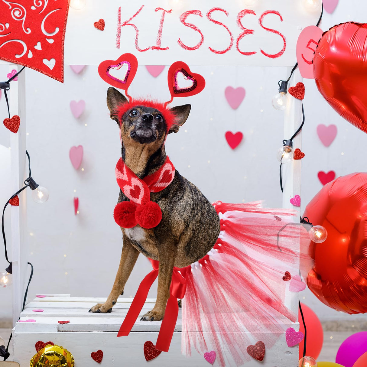 SilTriangle 3 Pieces Valentines Day Dog Costume Set Including Red Love Headband Valentines Dog Tutu Dress Cute Pet Tutu Red Pet Scarf for Medium Animal Holiday Outfit Accessory
