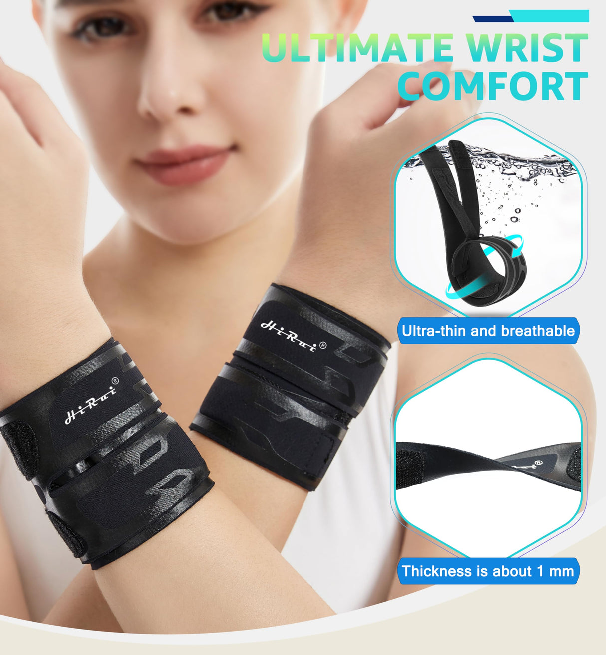 HiRui Wrist Brace Wrist Wrap for TFCC Tears, Ultra-thin Compression Wrist Strap Wrist Support for Workout Basketball Tennis Weightlifting Tendonitis Carpal Tunnel Syndrome-Adjustable (Black, 2 Pack)
