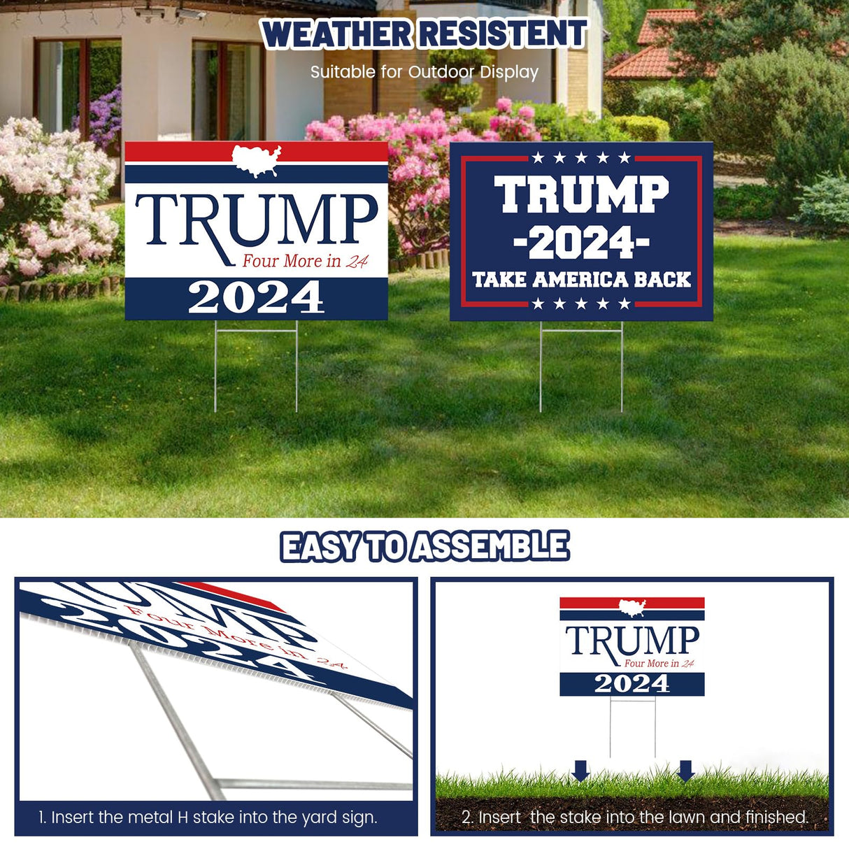 Subacy 2 PCS Trump 2024 Yard Sign 17.3 * 11.8 Inches, Double Sided Trump Yard Signs with Metal H-Stake, Take America Back Signs, Outdoor Lawn Yard Signs Decorations (Blue+White)