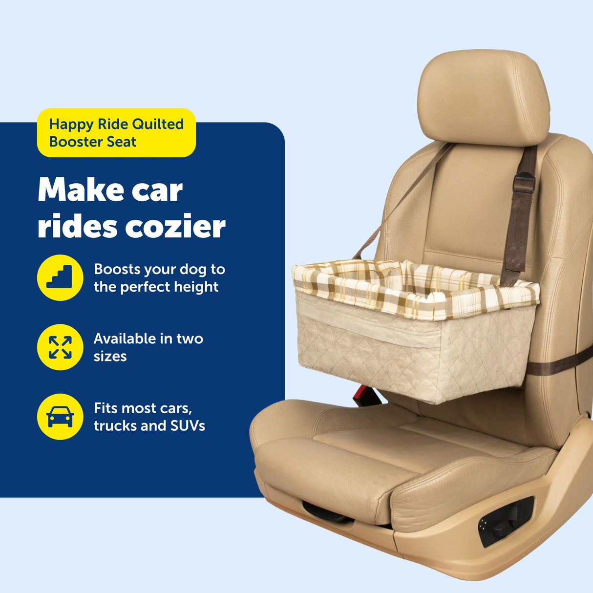 PetSafe Happy Ride Booster Seat for Dogs - Open Road Comfort - Safe Tether System - Zipper Pouch Dog Seat - Machine Washable Fleece Liner - Easy Install Design - Tan - Up to 25 lb