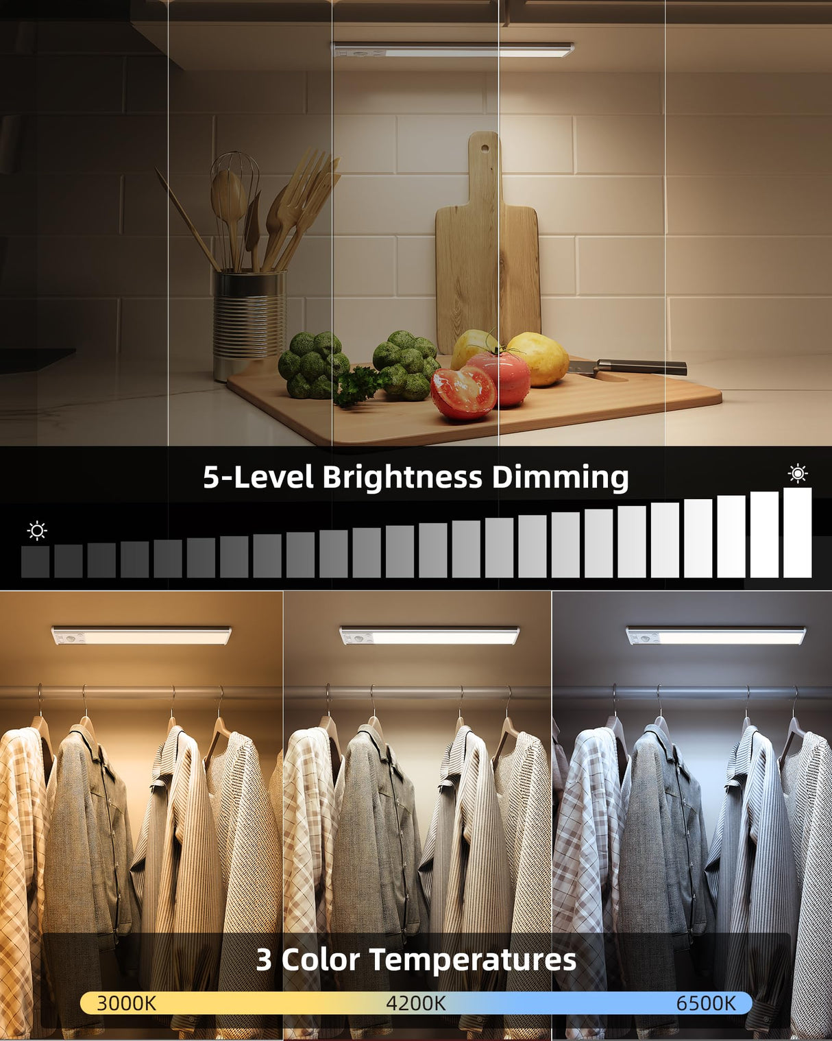 10inch Under Cabinet Lighting, 2500mAh Rechargeable Motion Sensor Lights Indoor with 3 Color Temps, 2 Pack Magnetic Closet Light, 80 LED Dimmable Under Counter Lights for Kitchen, Shelf, Stair
