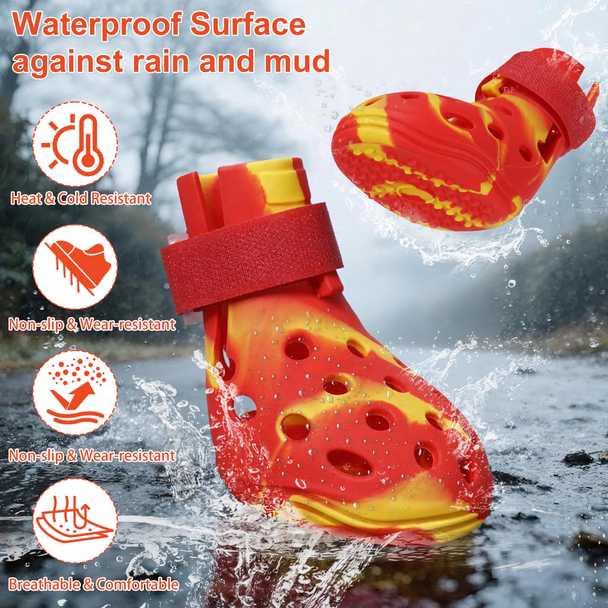 BassGaa Dog Shoes for Hot Pavement and Snow, Silicone Dog Booties for Small Medium Large Dogs, Waterproof Paw Protectors- Non-Slip, Adjustable Straps, Dog Boots for Beach/Rain/Hiking (Yellow Red, L)