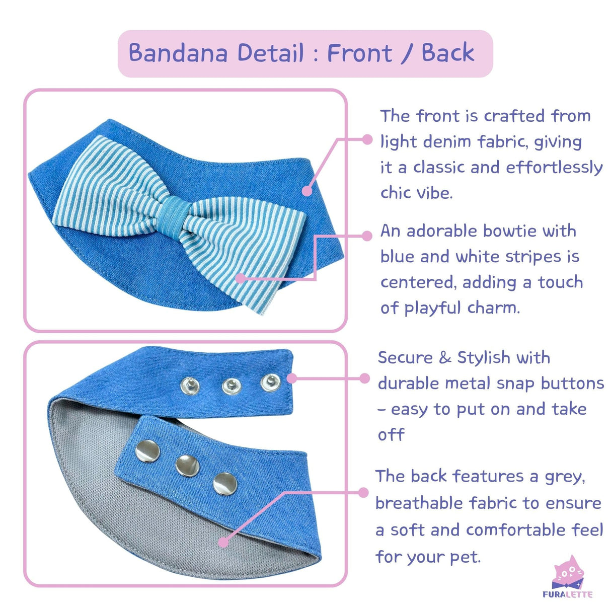 FURALETTE Denim Dog Bandana – Striped Bowtie, Soft & Durable Pet Scarf with Adjustable Metal Snap Buttons for Dogs & Cats (Blue, X-Large)