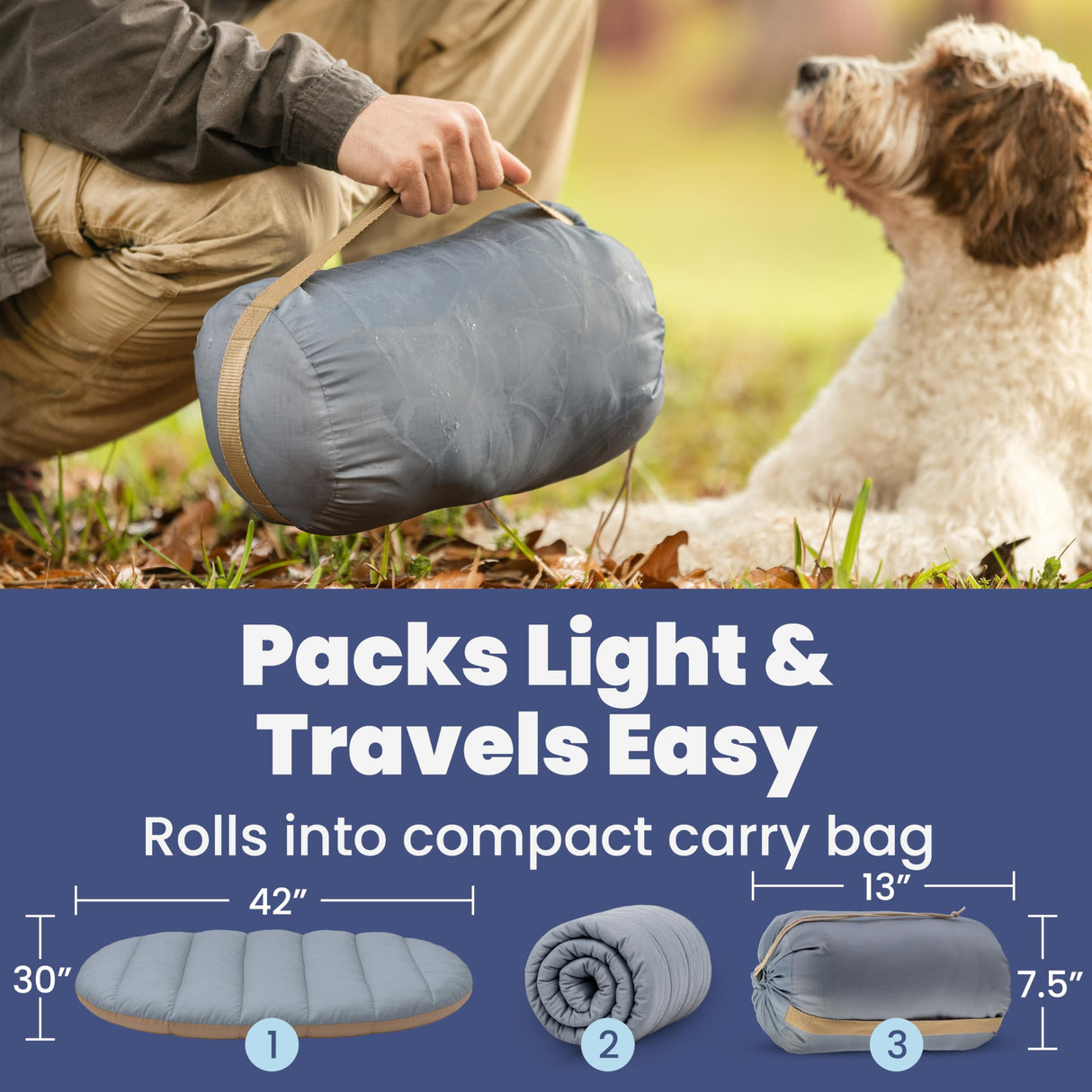 Travel Dog Bed (42" x 30")- Foldable & Packable for Travel, Road Trip, Camping– Lightweight, Water Resistant & Cozy with Soft Padding– Compact, Portable & Machine Washable– Large & Small Breeds: Grey