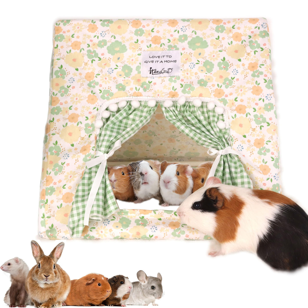 Guinea Pig Hideout Large with Curtain, Bunny Hideout, Machine Washable Guinea Pig Hide Tent Houses & Habitats, Small Animal Hideout for Pet Rabbit, Ferret, Rat, Chinchilla, Squirrel (Flower, Large)