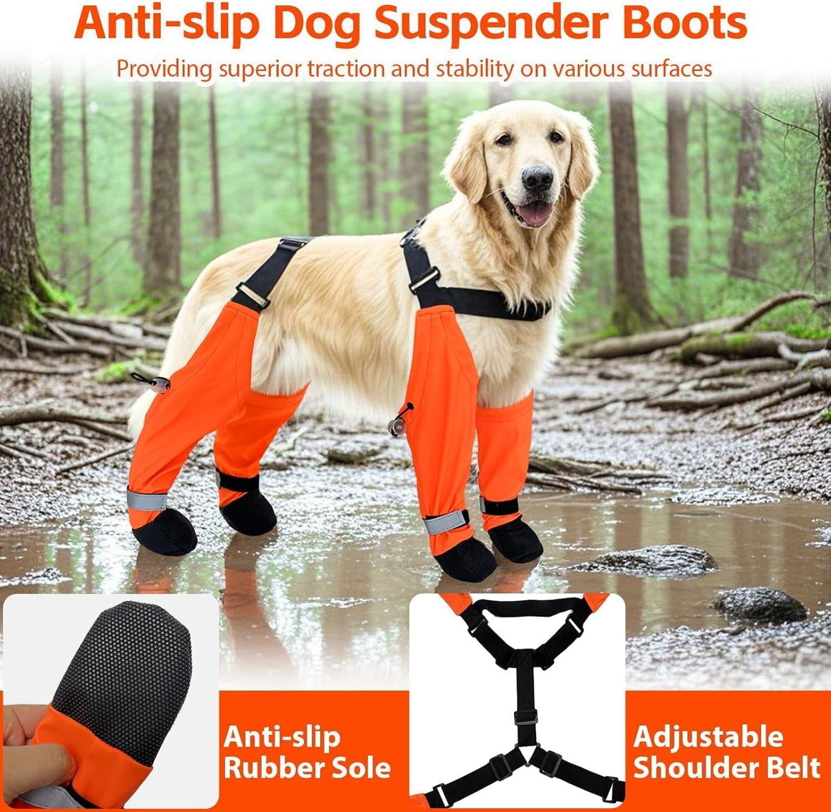 Dog Suspender Boots, Large Dog Rain Boots, Waterproof Doggy Winter Boot Snow Pants, Paw Protectors Legging Shoes with Suspenders, Anti-Slip Rain Boot (Small, Oranged)