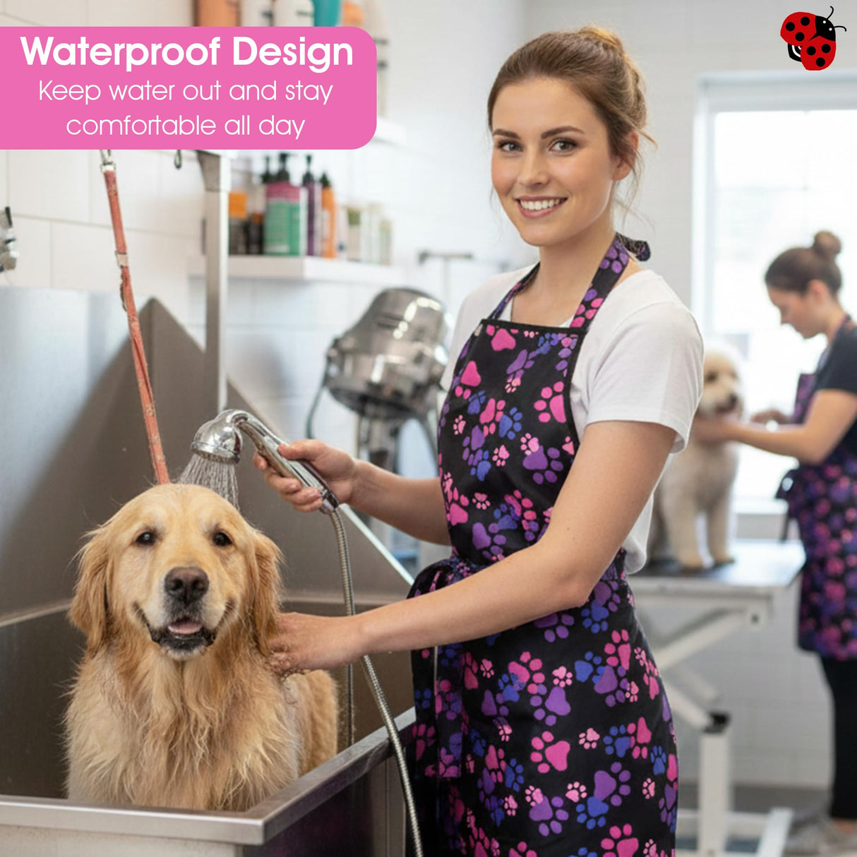 Ladybird Line 614 Unisex Pink and Purple Paw Print Waterproof Pet Grooming and Styling Apron, Hair and Bleach Resistant, 2 Front Pockets and Adjustable Neckband and Mesh Lined for Comfort