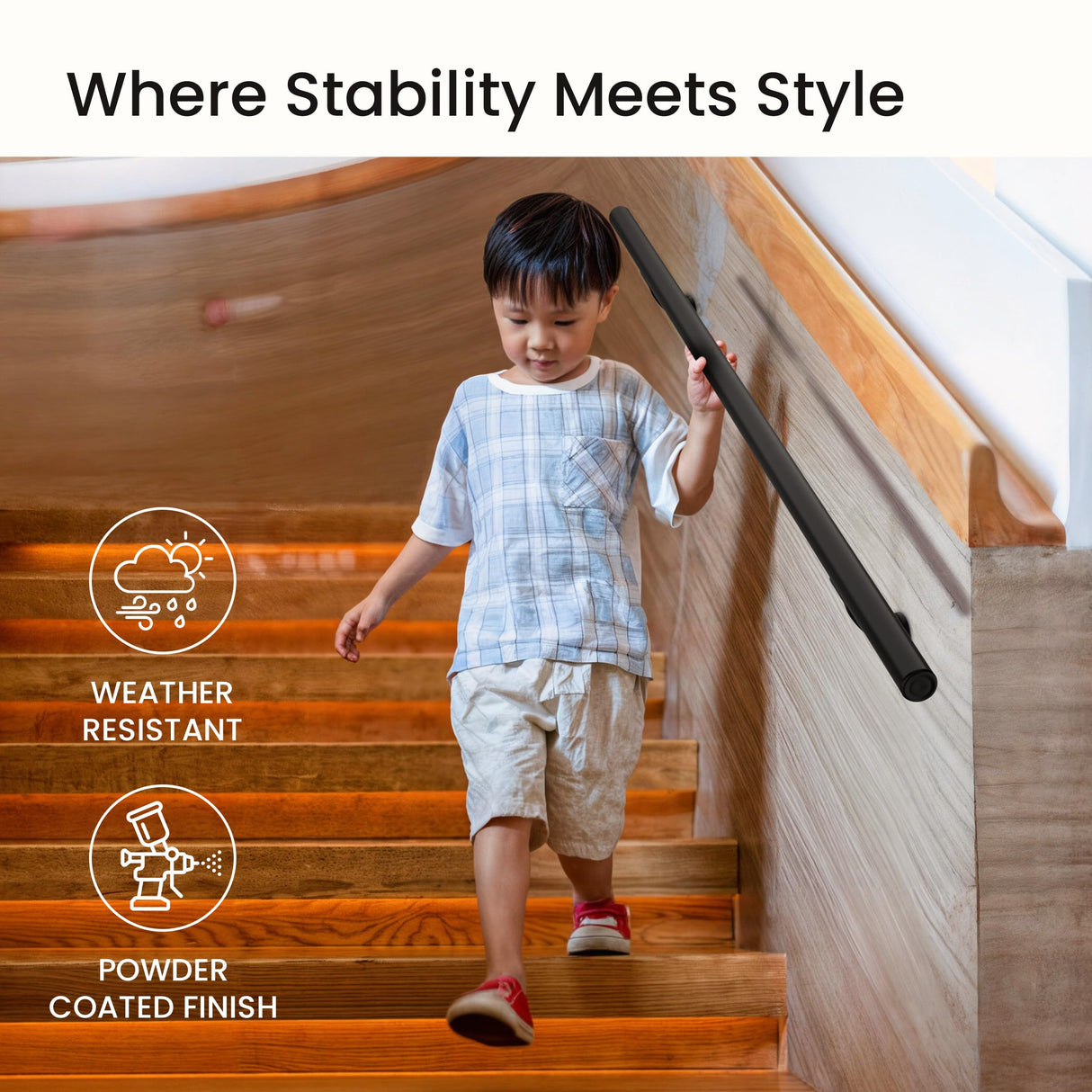 Meranti Aluminum Handrail for Indoor or Outdoor Steps and Stairs – Hand Rails for Elderly – DIY Complete Stair Railing Kit (8' Length, Black)
