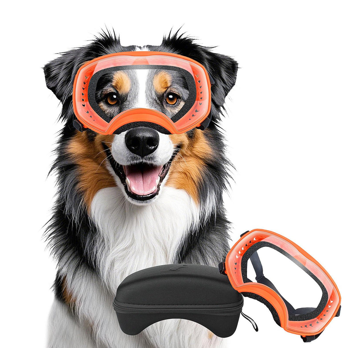 Billionchains Dog Sunglasses UV Protection Clear Dog Goggles Windproof Glasses with Elastic Straps for Medium-Large Breed, Orange Frame + Clear Lens