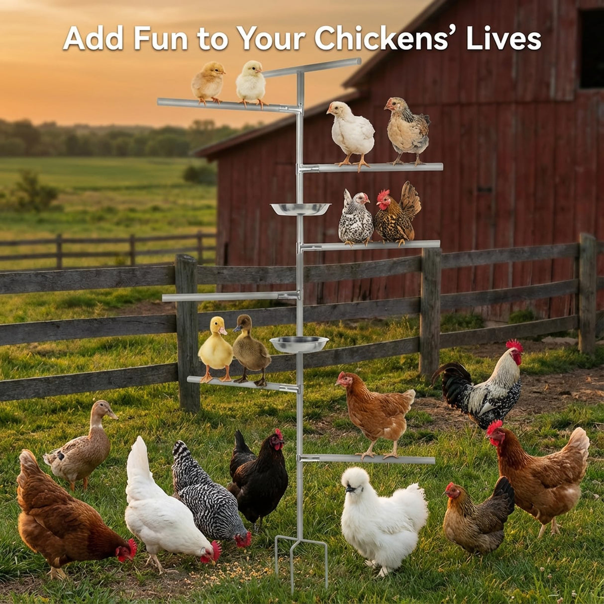 Chicken Perch Toy for Coop,Wooden Chicken Perch Stand with Metal Ground Plug&Feeding Tray,Roosting Bar for Chicken Coop Toys,Chicken Coop Accessories for Bird Parrot Poultry Rooster