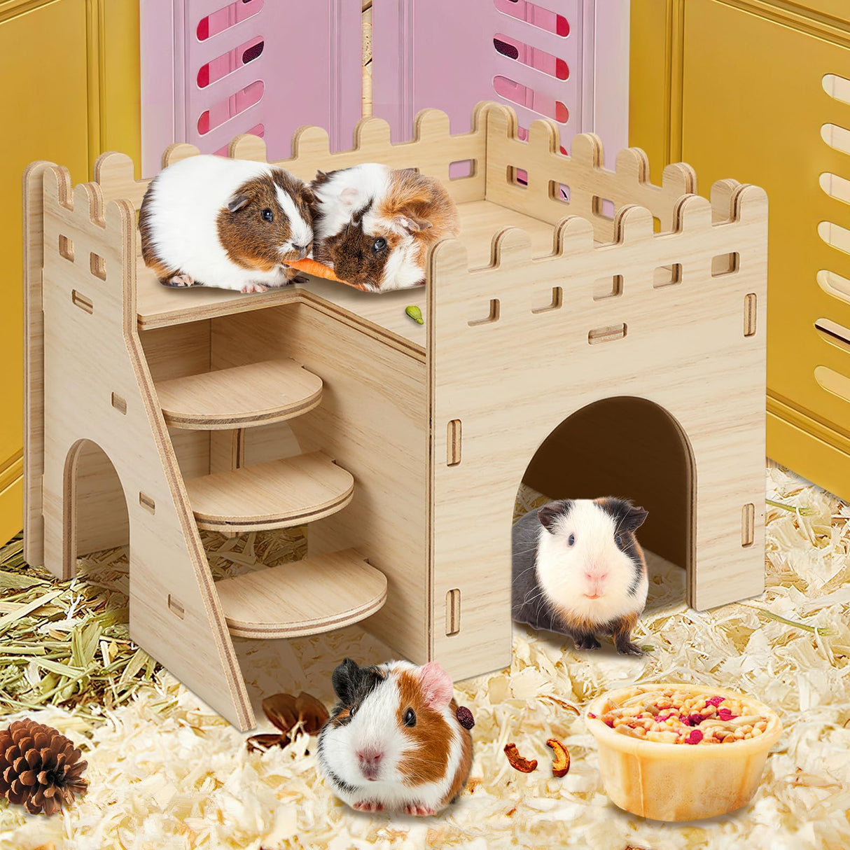 PETKNOWS 2 Pack Hamster Houses and Hideouts, Easy to Assemble Wooden Hamster Castle Small Animal House Bed with Stairs