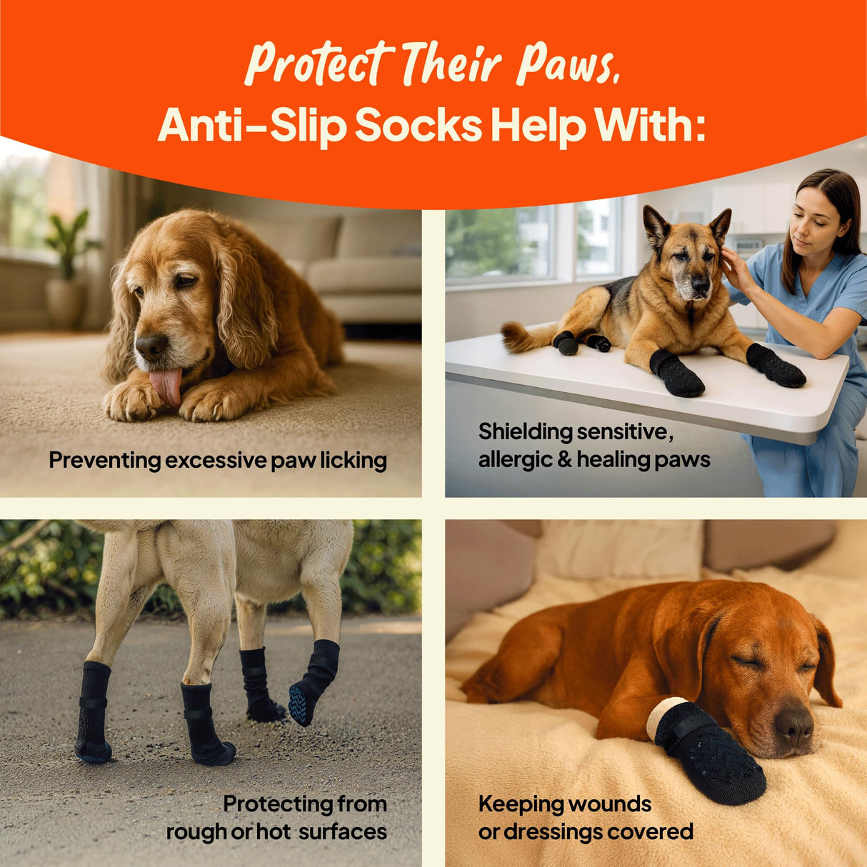 Steady Paws Anti-Slip Socks for Dogs - Breathable & Washable Non Slip Grippy Socks, Rubberized Paw & Adjustable Strap, Secure Fit to Prevent Slipping, Paw Protection for Senior Dogs, 4 Pack (Size XL)