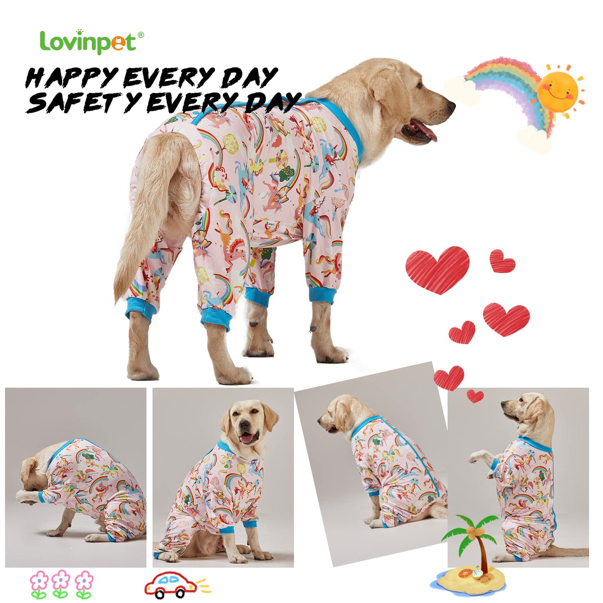 LovinPet Large Dog Pajamas Onesie, Magic Rainbow Shine Pink Print, Lightweight Stretchy Knit Pullover Large Puppy Pajamas, Pjs for Pitbulls, Stop Shedding for Dogs, Pet PJ's, 2XL