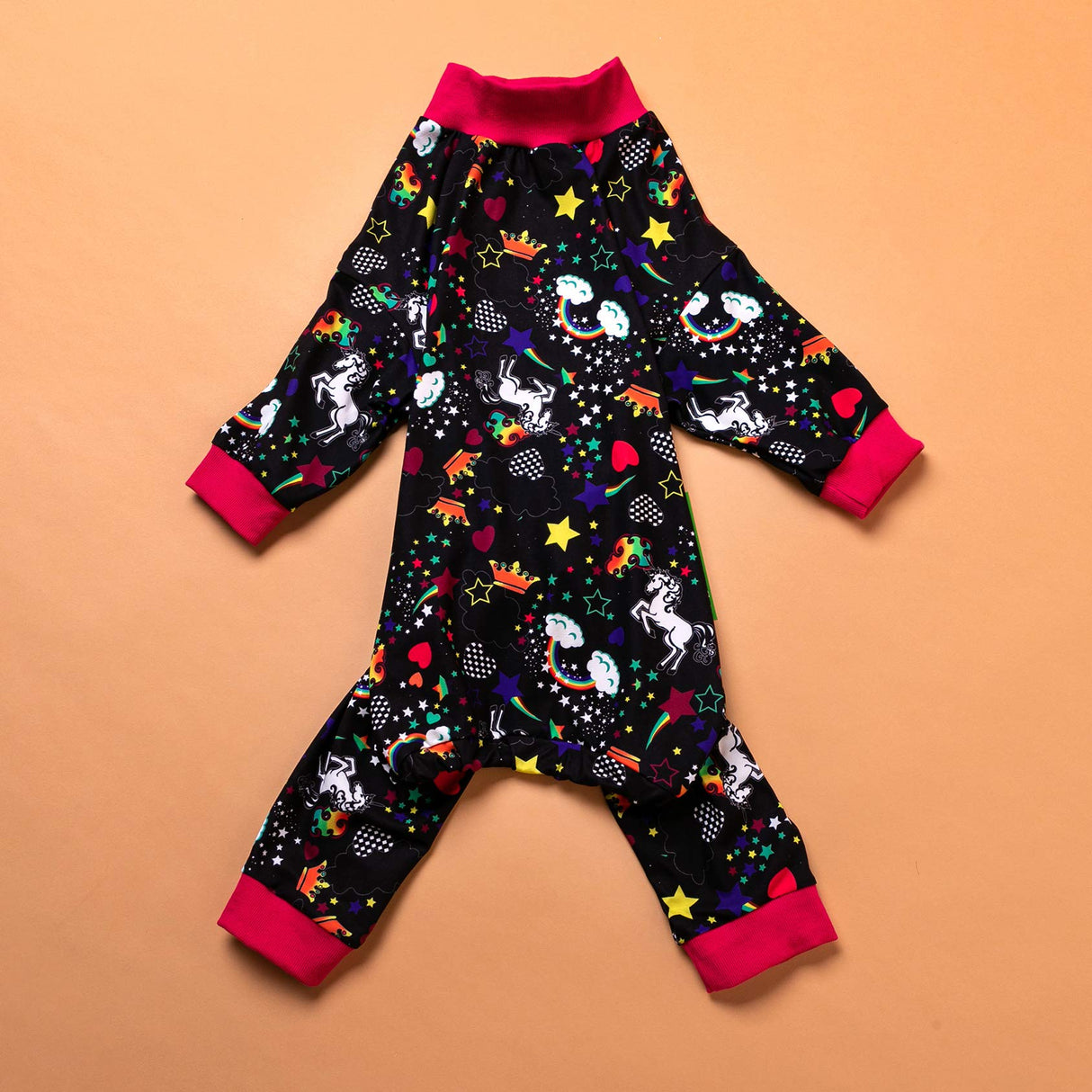 LovinPet Large Dog Pajamas Pitbull PJS: Wound Care/Post Surgery Dog Clothes, Onesies for Dogs, Unicorn Rainbows Black Print, Lightweight Stretchy Knit Pullover Pitbull Jammies, Pet PJ's/L