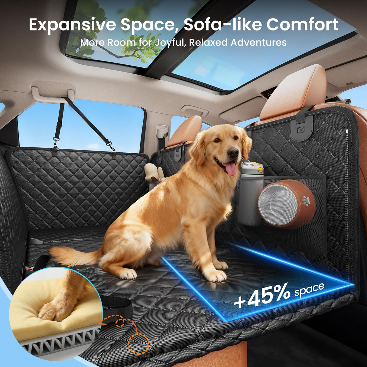 REEVAA 2.0 Hard Bottom Back Seat Extender for Heavy-Duty Dogs, Dog Car Seat Cover with Cushion Sponge, Waterproof Dog Hammock with Mesh Window for Car, Universal Fits for SUV/Small Truck, L, Black
