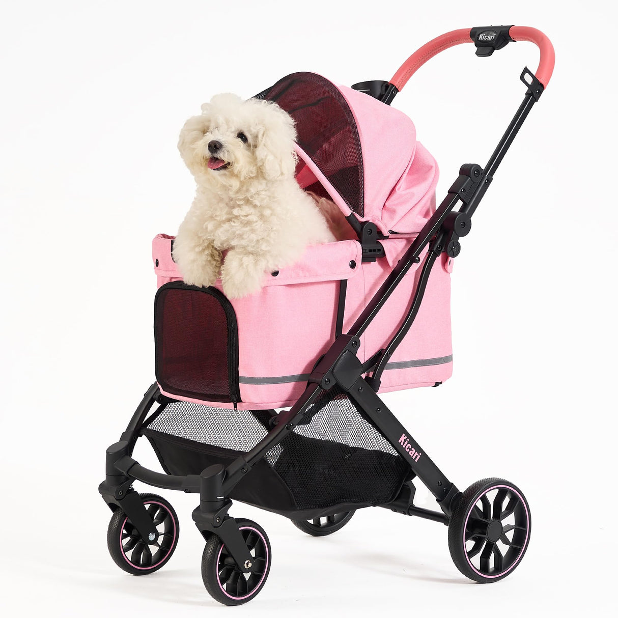 Kicari All-Terrain Dog Stroller for Small to Medium Dogs, Pet Stroller for Dogs & Cats Outdoor Walks, One-Hand Easy Fold, Double-Layer Anti-UV & Waterproof Canopy & Breathable Mesh, Sakura Pink