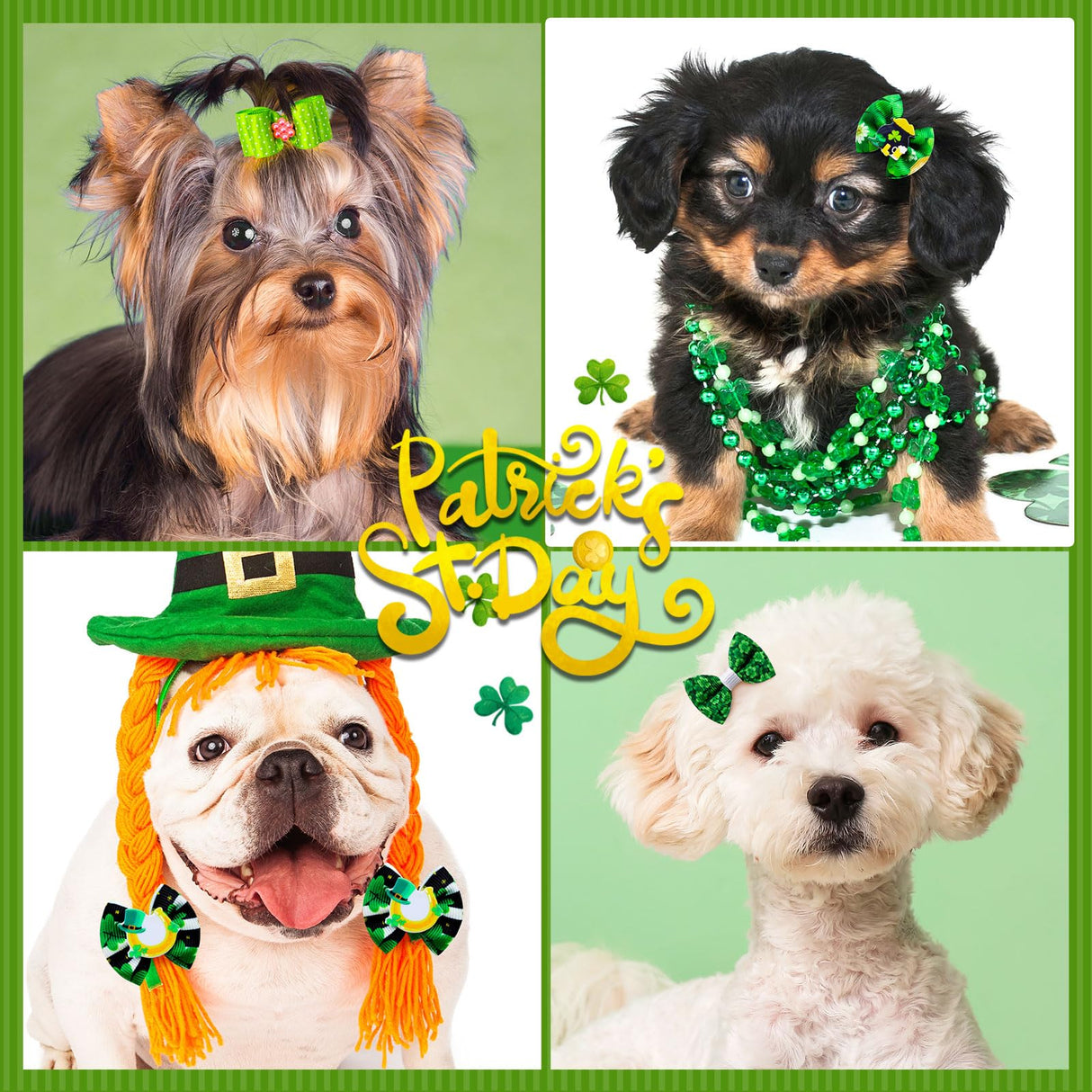 Mruq pet 80pcs St.Patrick's Day Dog Bows, Holiday Pet Dog Hair Grooming Bows with Rubber Bands, St.Patrick's Day Green Lucky Clover Element Dog Hair Bows for Dog Puppy Yorkie Hair Accessories