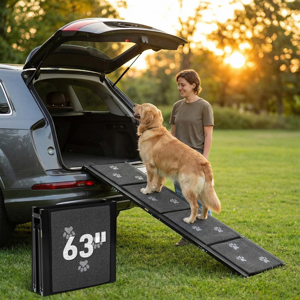 Dog Ramp for Car 63" L x 17" W Portable Ramps with Non-Slip Rug Surface Folding Pet Car Ramp for Truck/SUV & Stairs/Bed, Up to 250 LBS