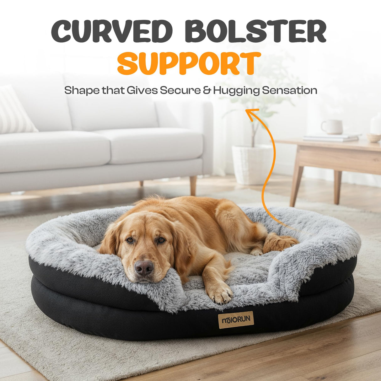 Miorun Fluffy Orthopedic Jumbo Dog Bed for Extra Large Dogs, Calming Plush Sofa Bed with Curved Bolster Support, 48" Cozy Oval Pet Donut Bed with Washable Cover, Gray