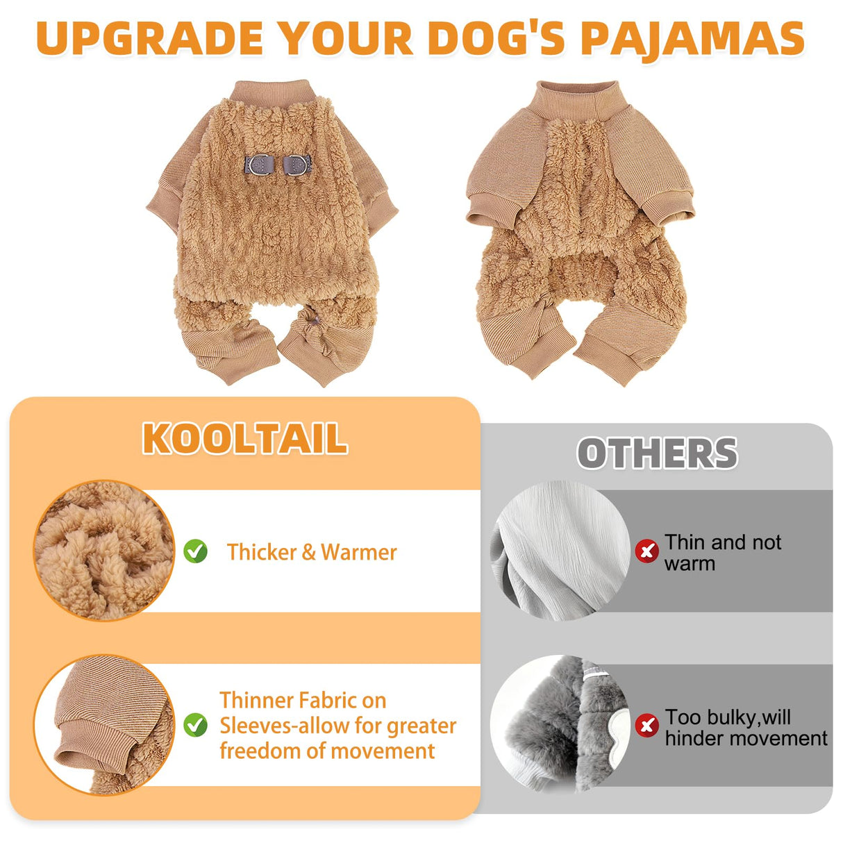 KOOLTAIL Dog Pajamas with Leash D-Ring, Fuzzy Sweater Onesie for Small Dogs, Warm Fleece Pet Jumpsuit Shirt, Lightweight Puppy Cat Pjs Clothes Coat Outfits for Chihuahua, Pitbull, Boy Girl, Beige M