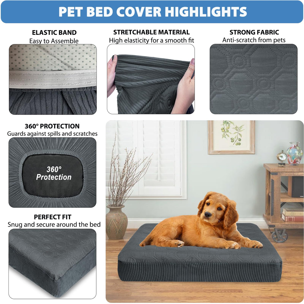TOPHMDECOR Dog Bed Cover Waterproof, Non-Slip Rectangular Pet Bed Protector for Dogs & Cats, Removable Washable Bed Sheet Replacement,44"x35"x8",Gray,2Pcs,Covers Only